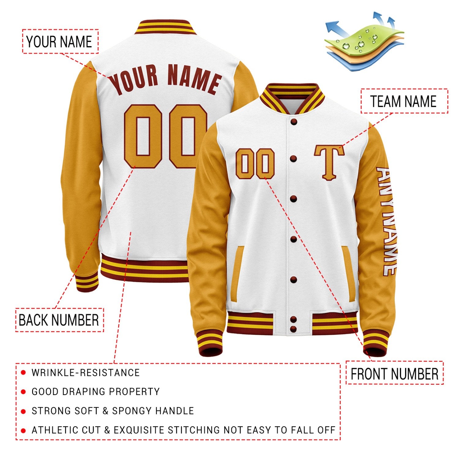 Custom white and mustard yellow baseball jacket for boys by Vosoli with stitched name, number and logo. Classic varsity jacket for baseball and casual wear.