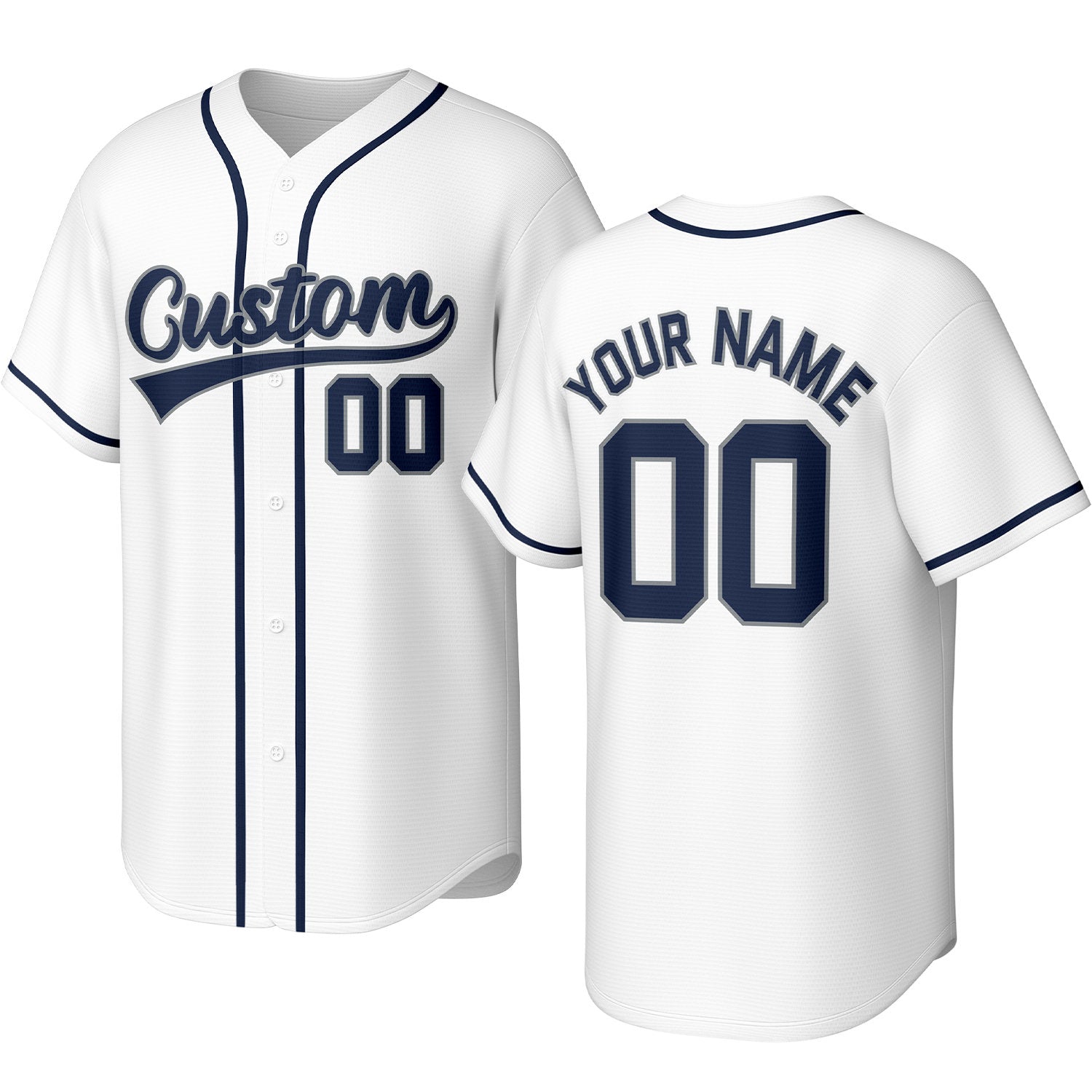 Custom white & navy baseball jersey with stitched logo, personalized name & number, button-front short-sleeve sports uniform for team men women youth game practice - Vosoli