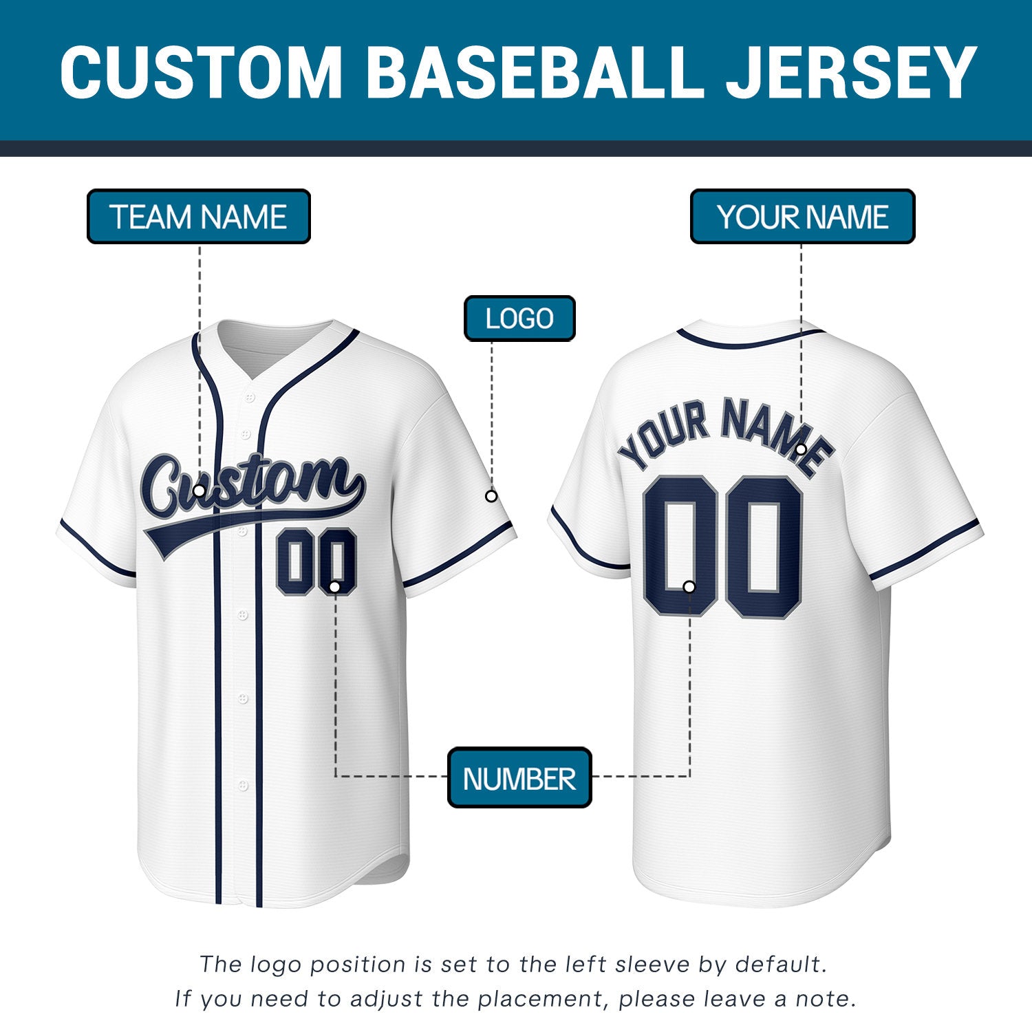 Custom Stitched Baseball Jersey White Navy | Personalized Name & Number | Team Uniform