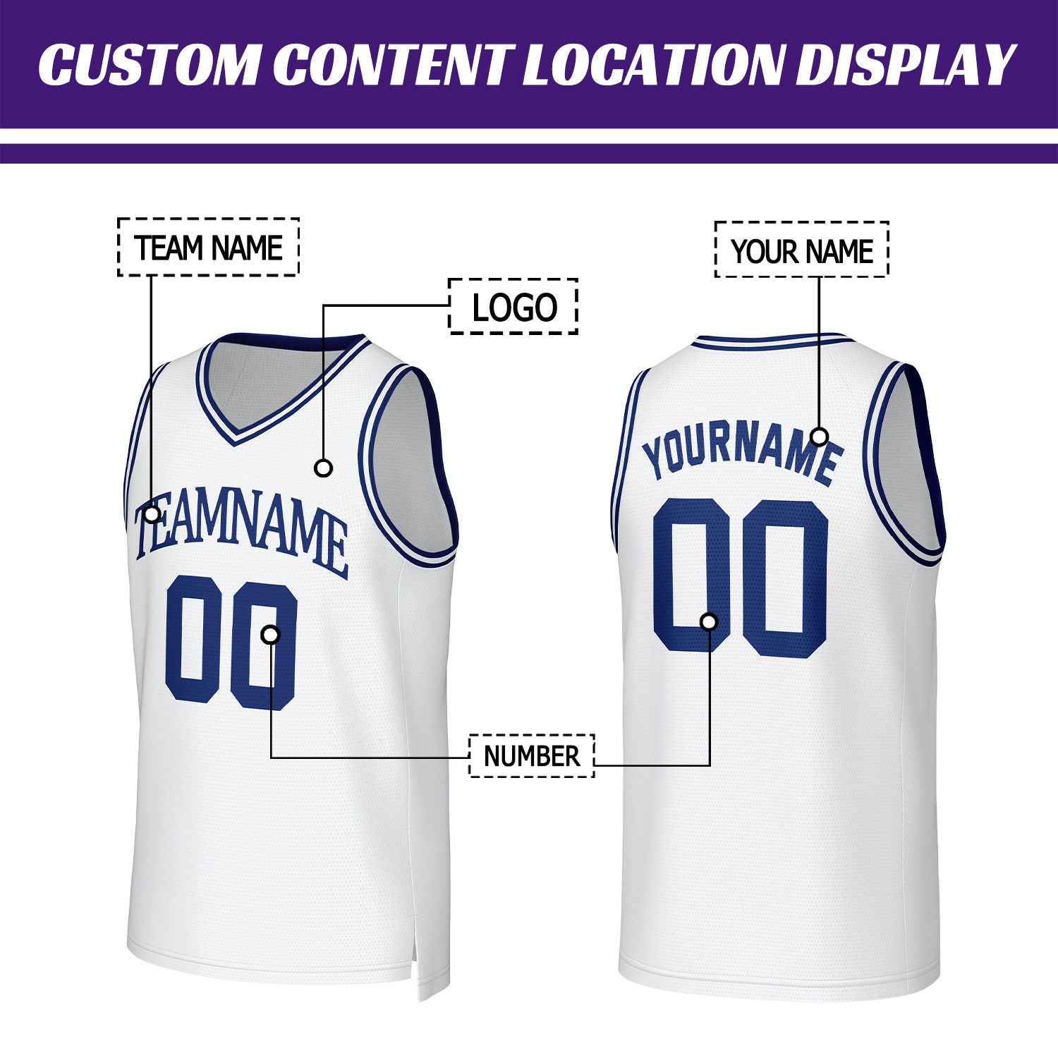 Custom White & Navy Blue Mesh Basketball Jersey | Personalized Name & Number Team Uniform