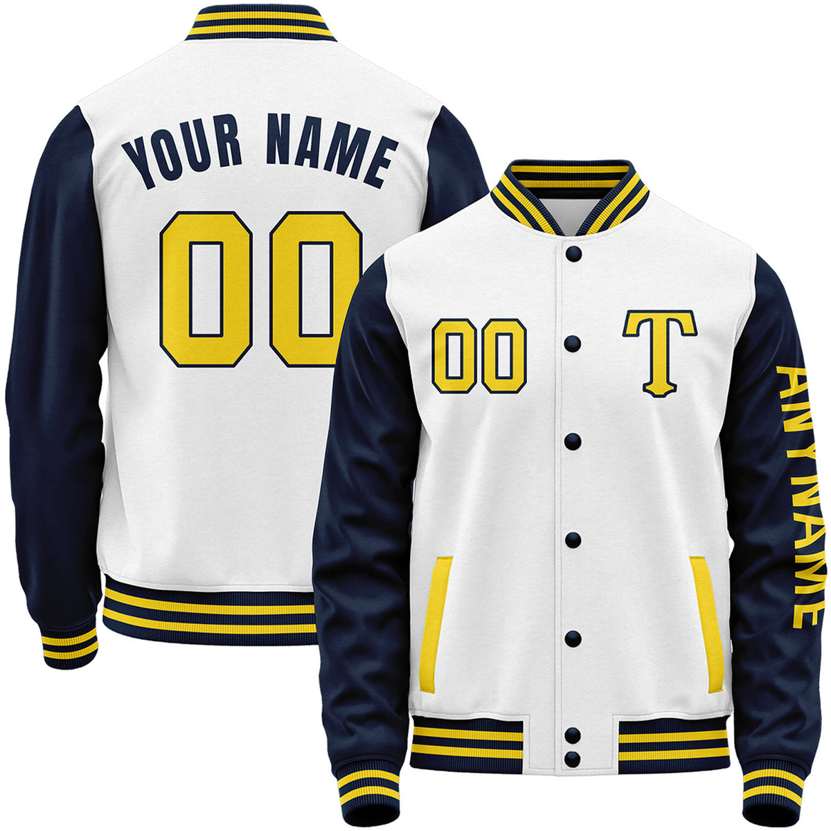 Custom white and navy blue varsity baseball jacket by Vosoli with stitched name, number and logo. Classic varsity jacket for baseball and casual wear.