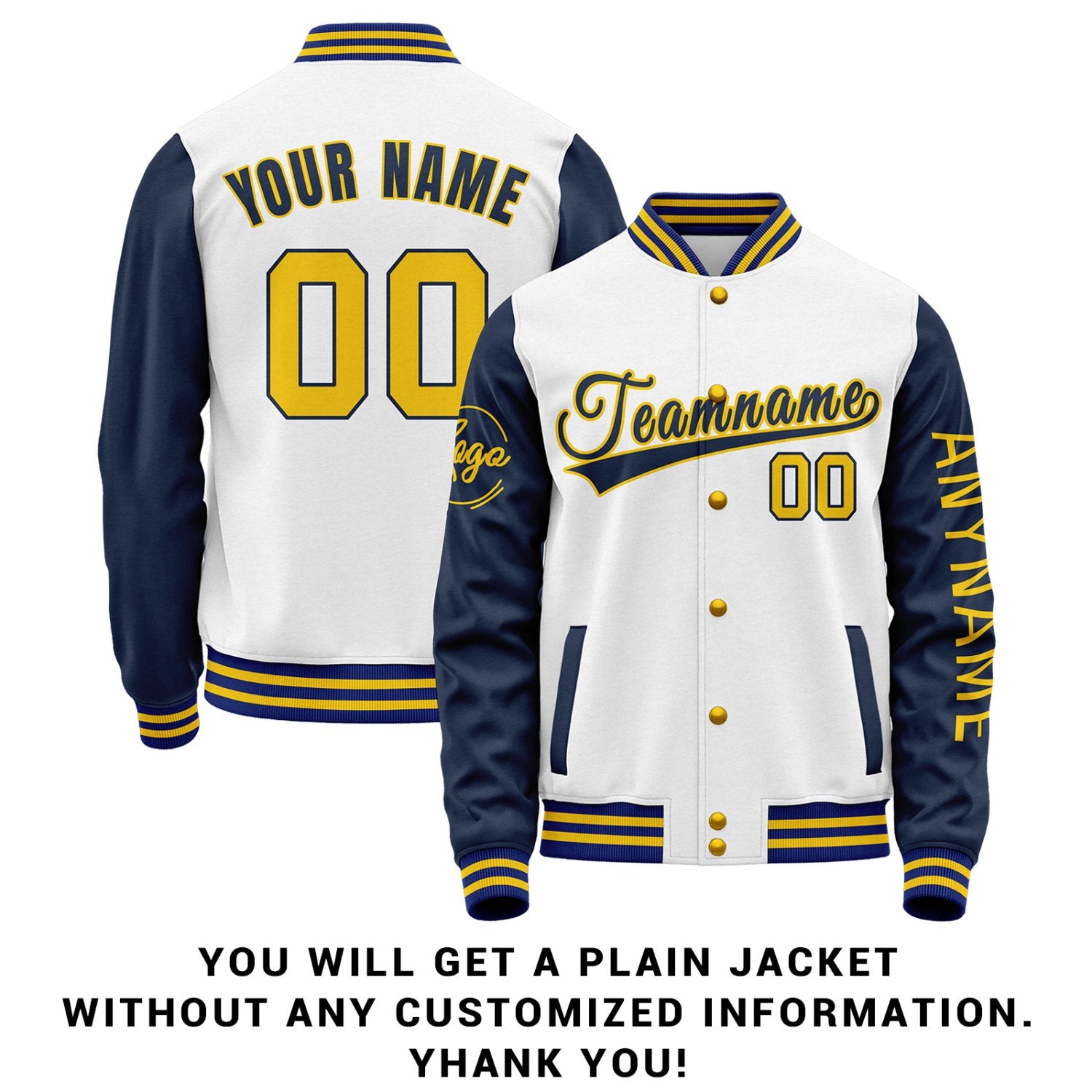 Custom White & Navy Two Tone Varsity Letterman Jacket | Personalized Stitched Team Name Number Outerwear
