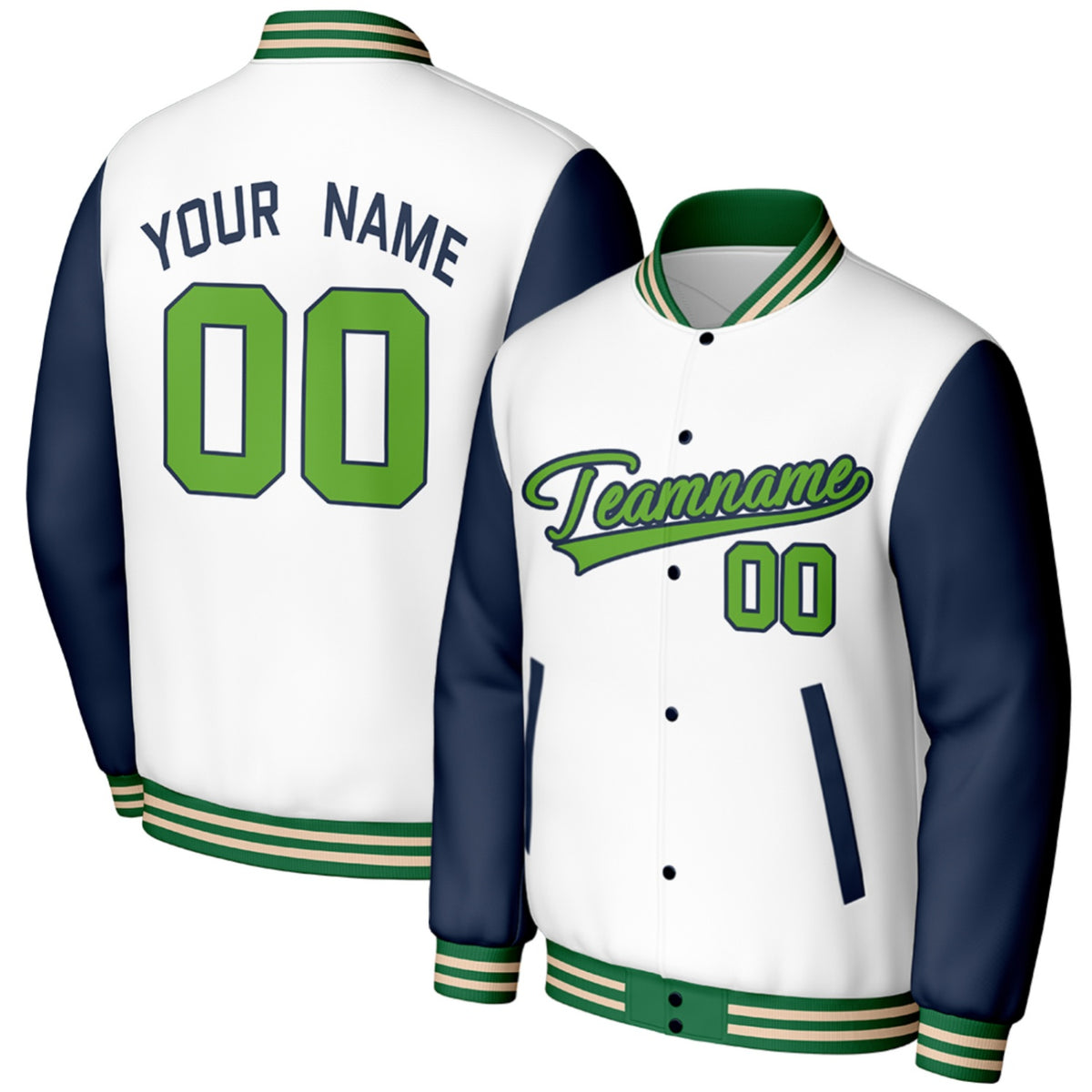 custom white navy high school varsity baseball jackets by Vosoli, personalized stitched name, number &amp; logo, classic button up varsity letterman jacket for high school baseball team and casual wear