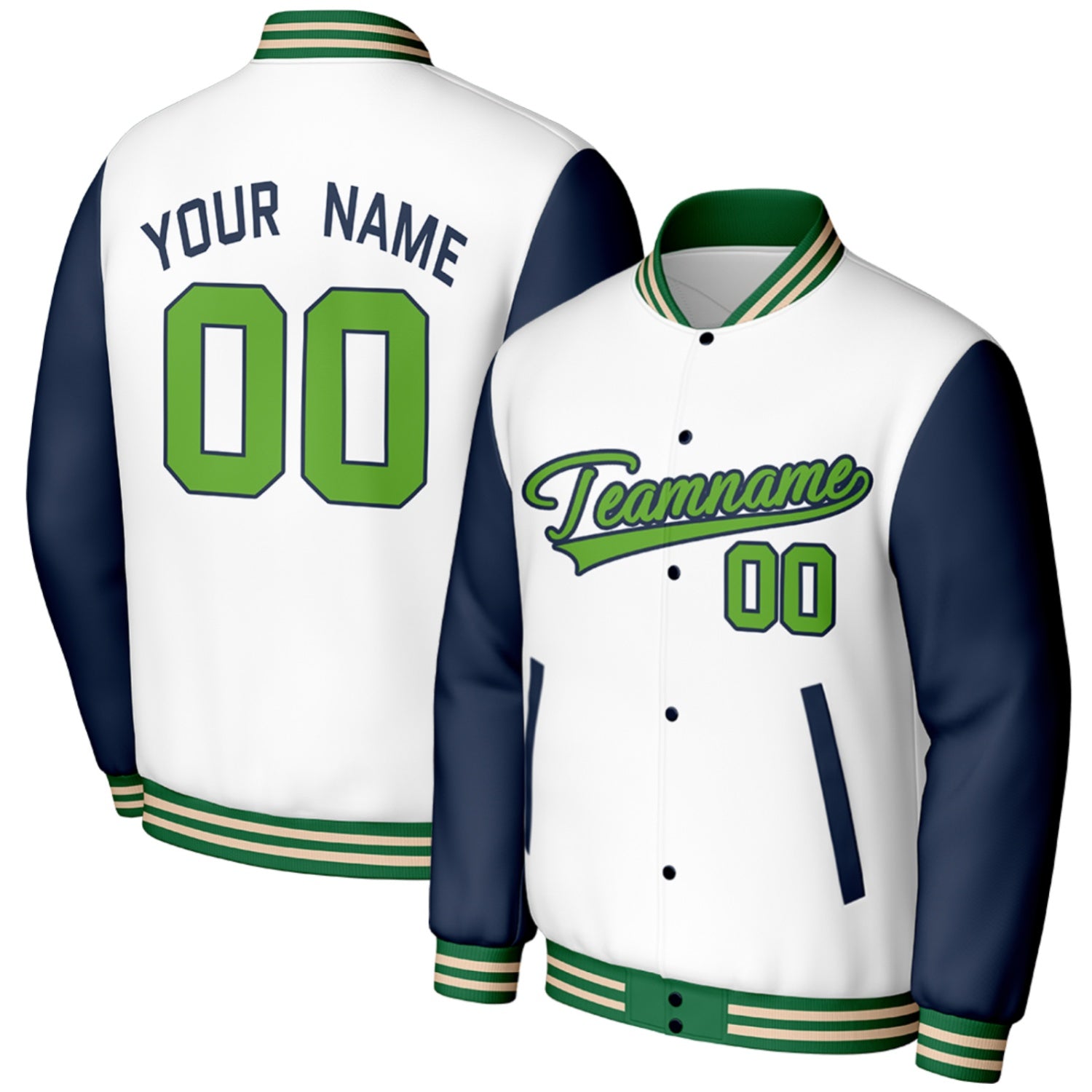 custom white navy high school varsity baseball jackets by Vosoli, personalized stitched name, number & logo, classic button up varsity letterman jacket for high school baseball team and casual wear