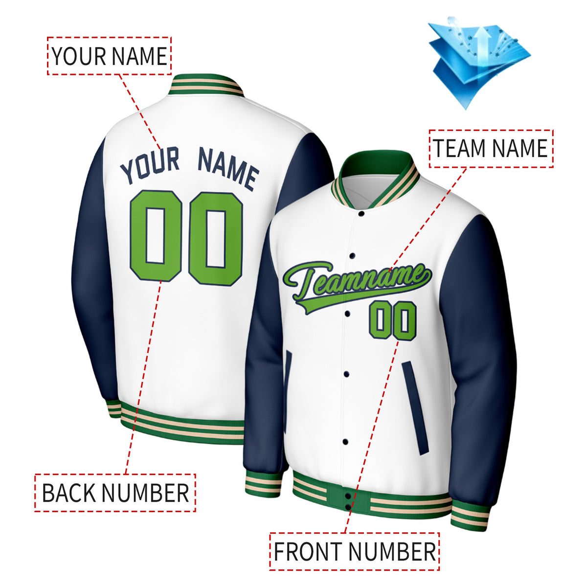 Custom White & Navy Varsity Baseball Jacket | Personalized Jacket with Stitched Name & Number for Adult & Youth