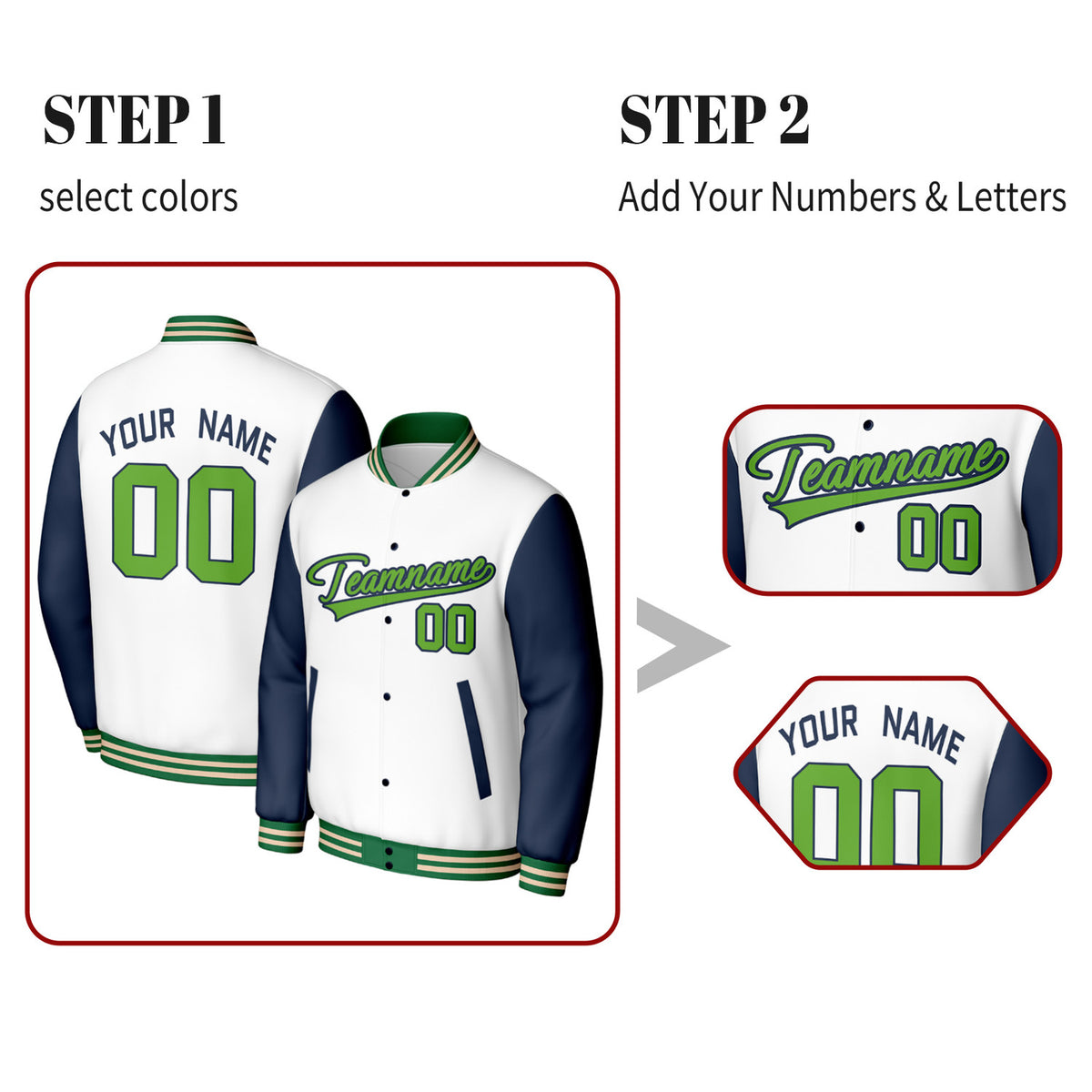 Custom White & Navy Varsity Baseball Jacket | Personalized Jacket with Stitched Name & Number for Adult & Youth