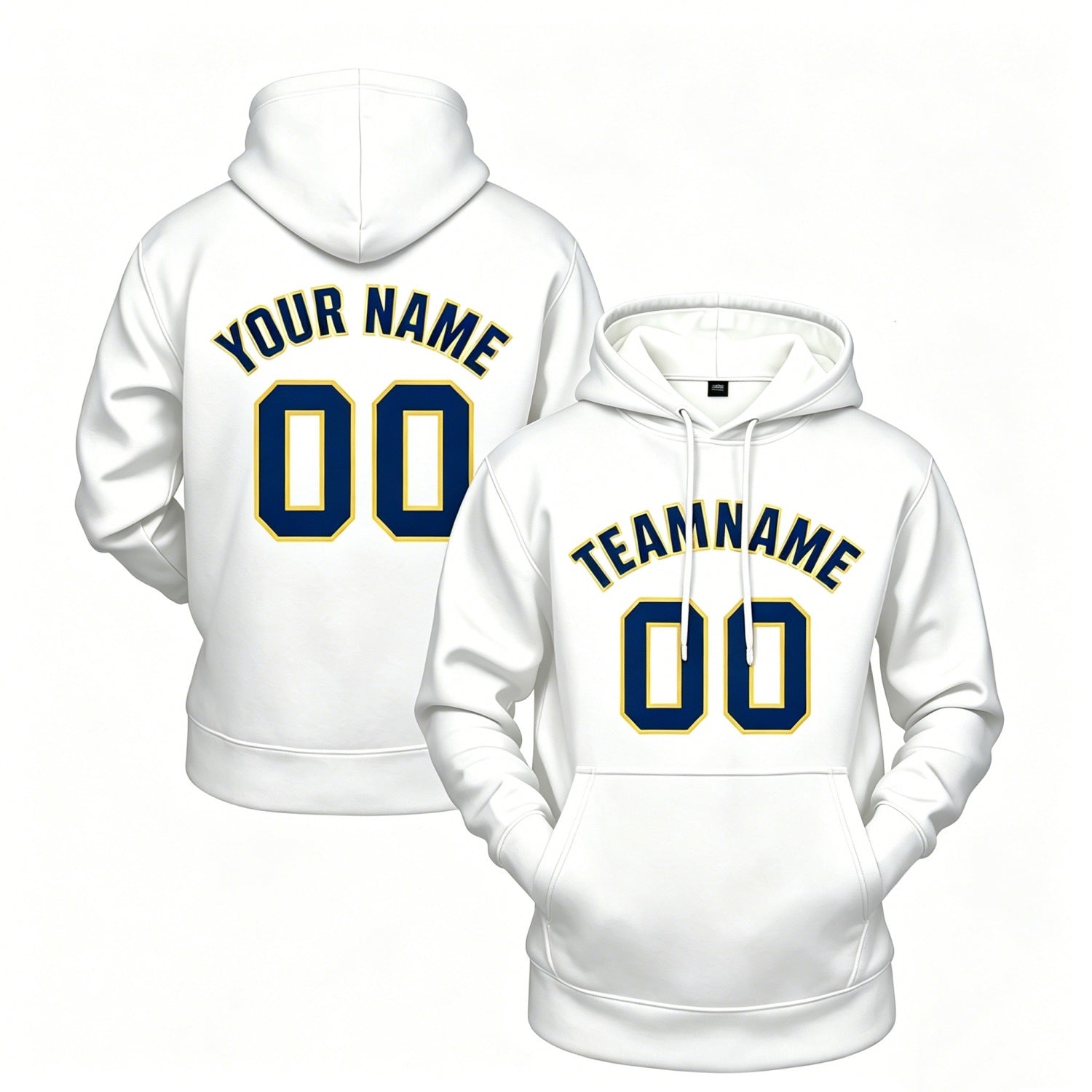 Custom white hoodie with navy print, personalized name & number pullover, casual sports hoodie for men women youth fan wear - Vosoli