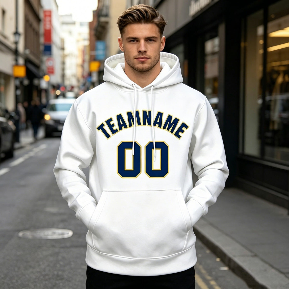 Custom White & Navy Hoodie | Personalized Name & Number Sports Pullover | Vosoli