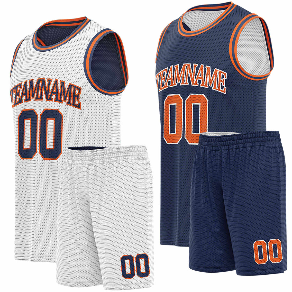 Custom white, navy &amp; orange basketball jersey set, personalized name number team logo, sleeveless jersey with matching shorts sports uniform for men women youth adult game practice - Vosoli