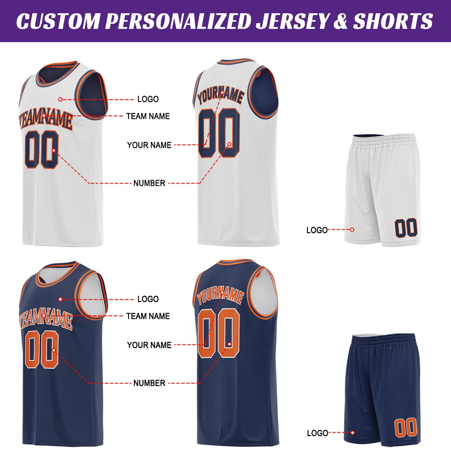 Custom white, navy & orange basketball jersey set, personalized name number team logo, sleeveless jersey with matching shorts sports uniform for men women youth adult game practice - Vosoli