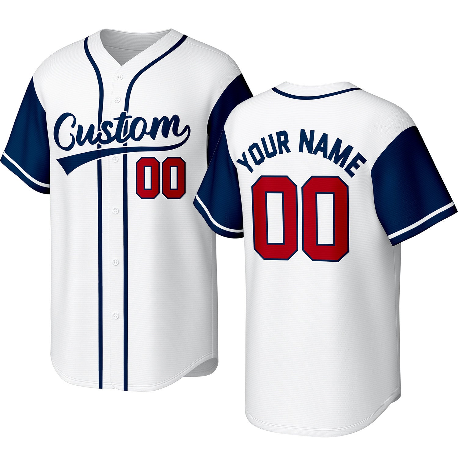 Custom white, navy & red baseball jersey with logo, personalized name & number, button-front short-sleeve sports uniform for team men women youth game practice - Vosoli