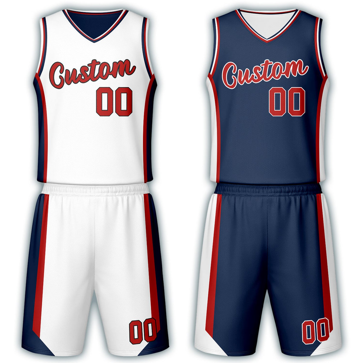 Custom white &amp; navy reversible basketball jersey set with shorts by Vosoli | Personalized team name, number &amp; logo | Breathable mesh sport jersey uniform