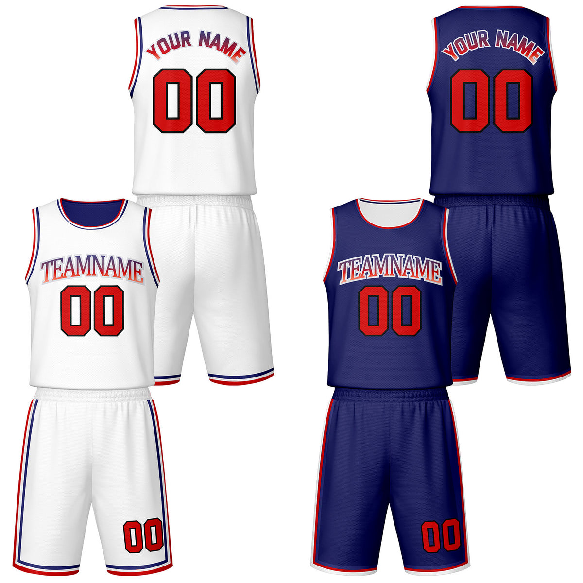Custom white &amp; navy reversible basketball jersey shorts set by Vosoli | Personalized team name number vintage uniform sportswear