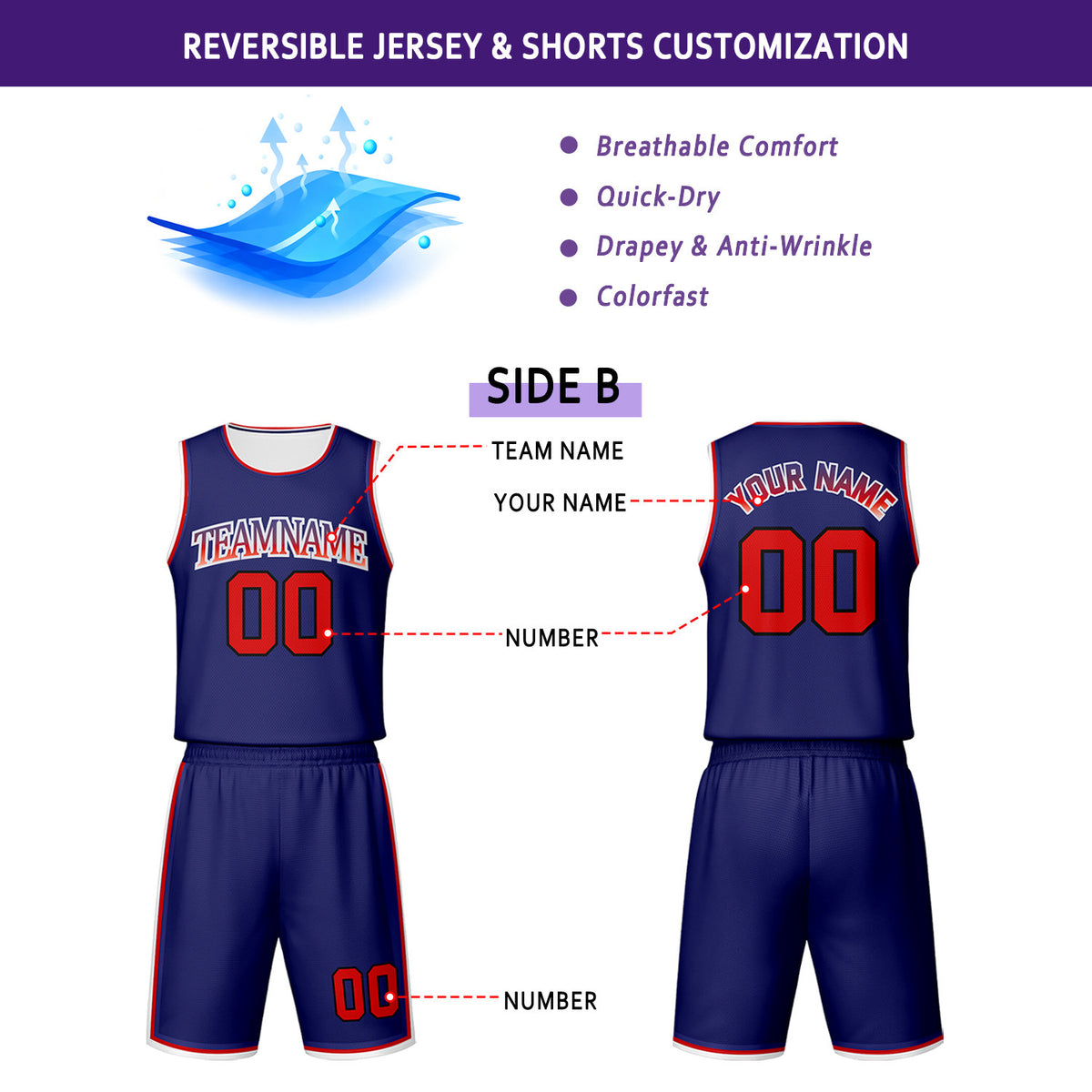 Custom White & Navy Reversible Basketball Jersey Shorts Set | Personalized Team Uniform