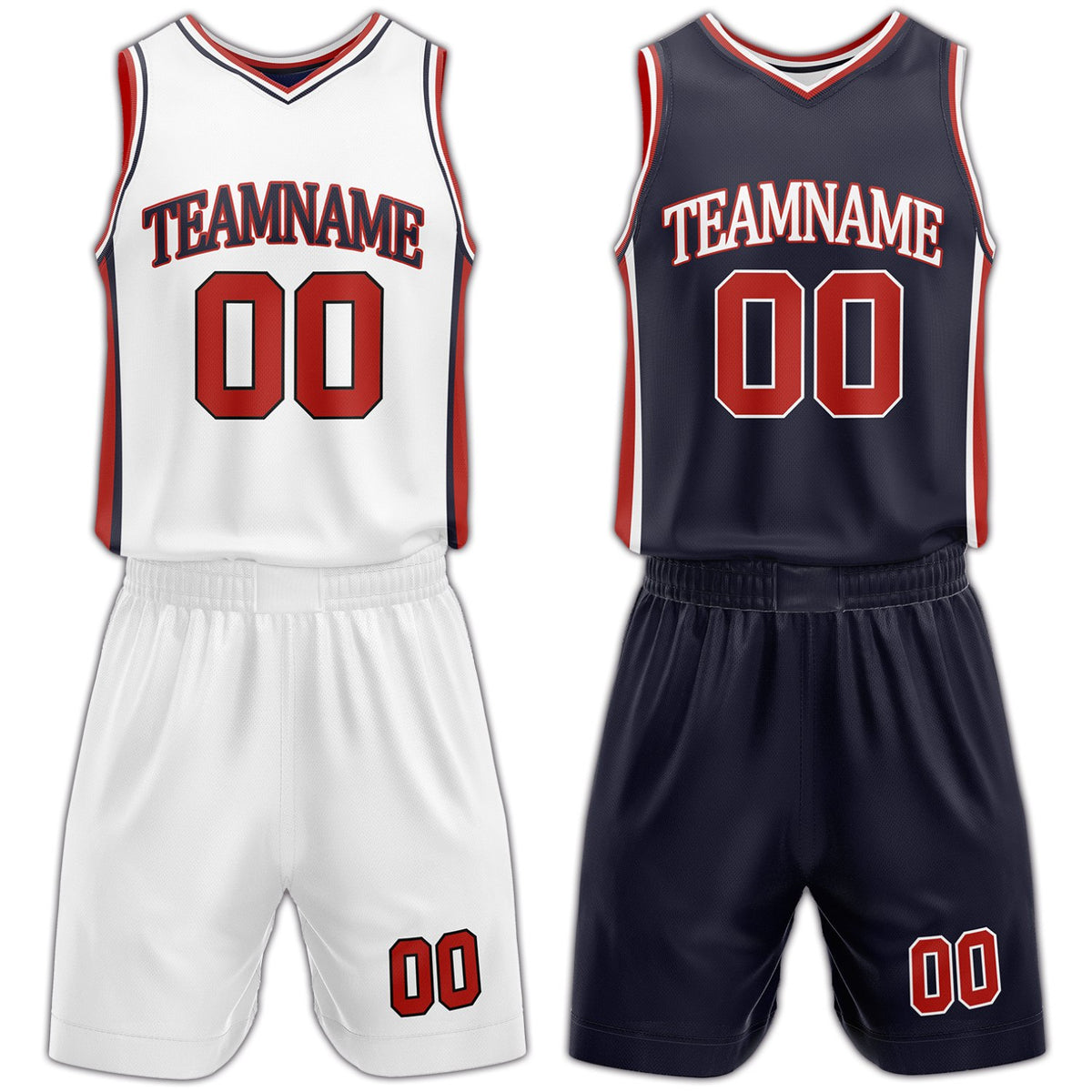 Custom white and navy reversible basketball uniform by Vosoli. Personalized with team name, number, and logo. Breathable mesh jersey and shorts for high school, college, AAU teams.