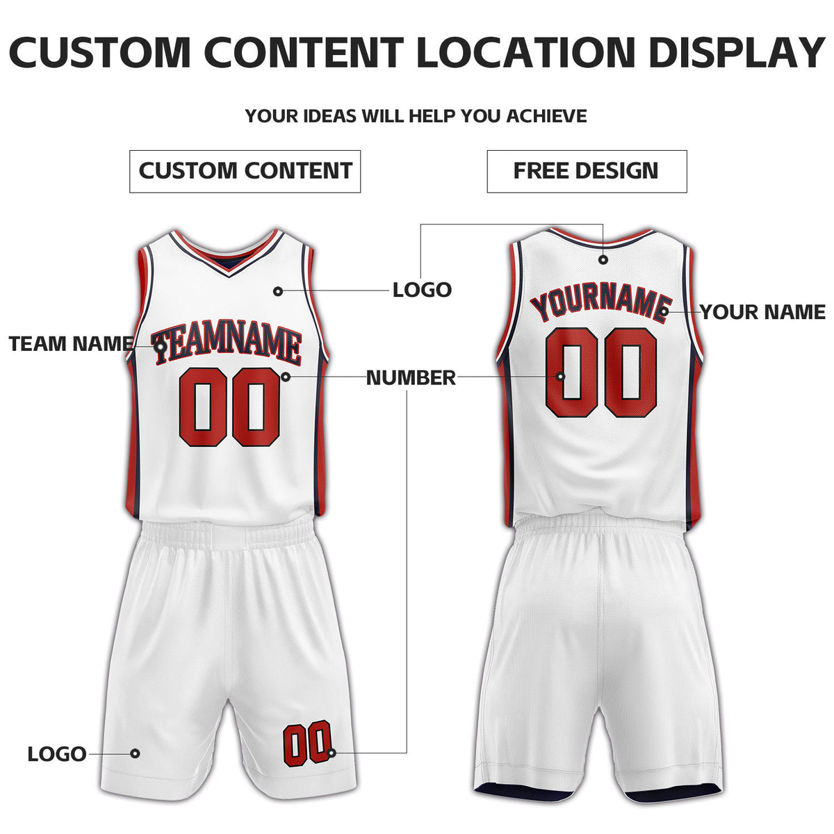 Custom White & Navy Reversible Basketball Uniform Set | Personalized Name Number Sports Jersey Shorts Kit