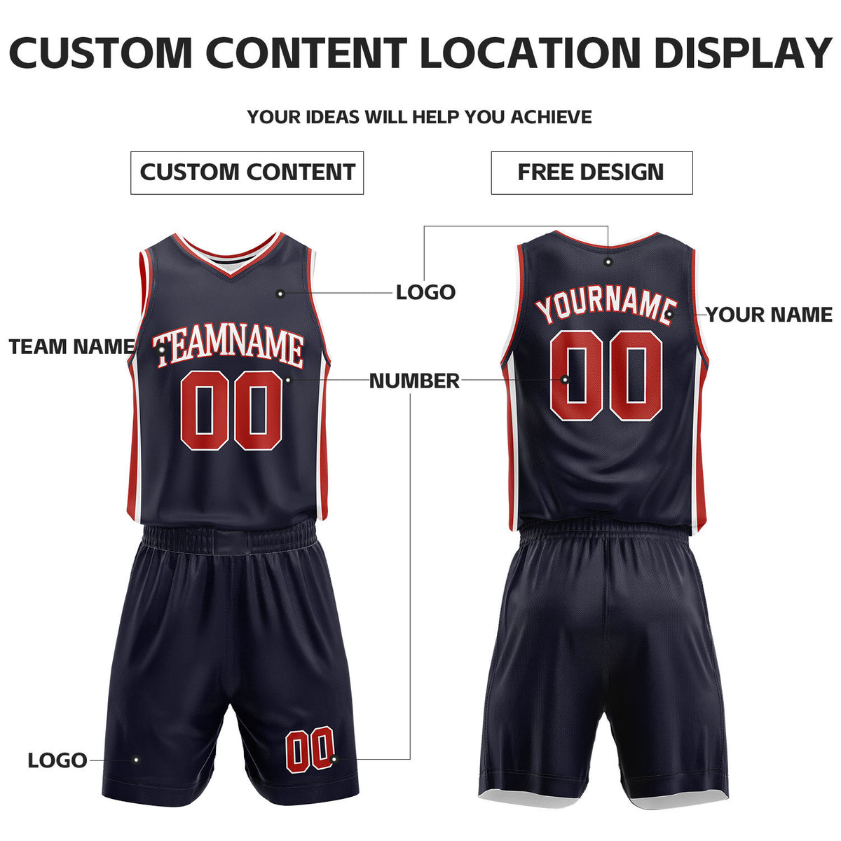 Custom White & Navy Reversible Basketball Uniform Set | Personalized Name Number Sports Jersey Shorts Kit