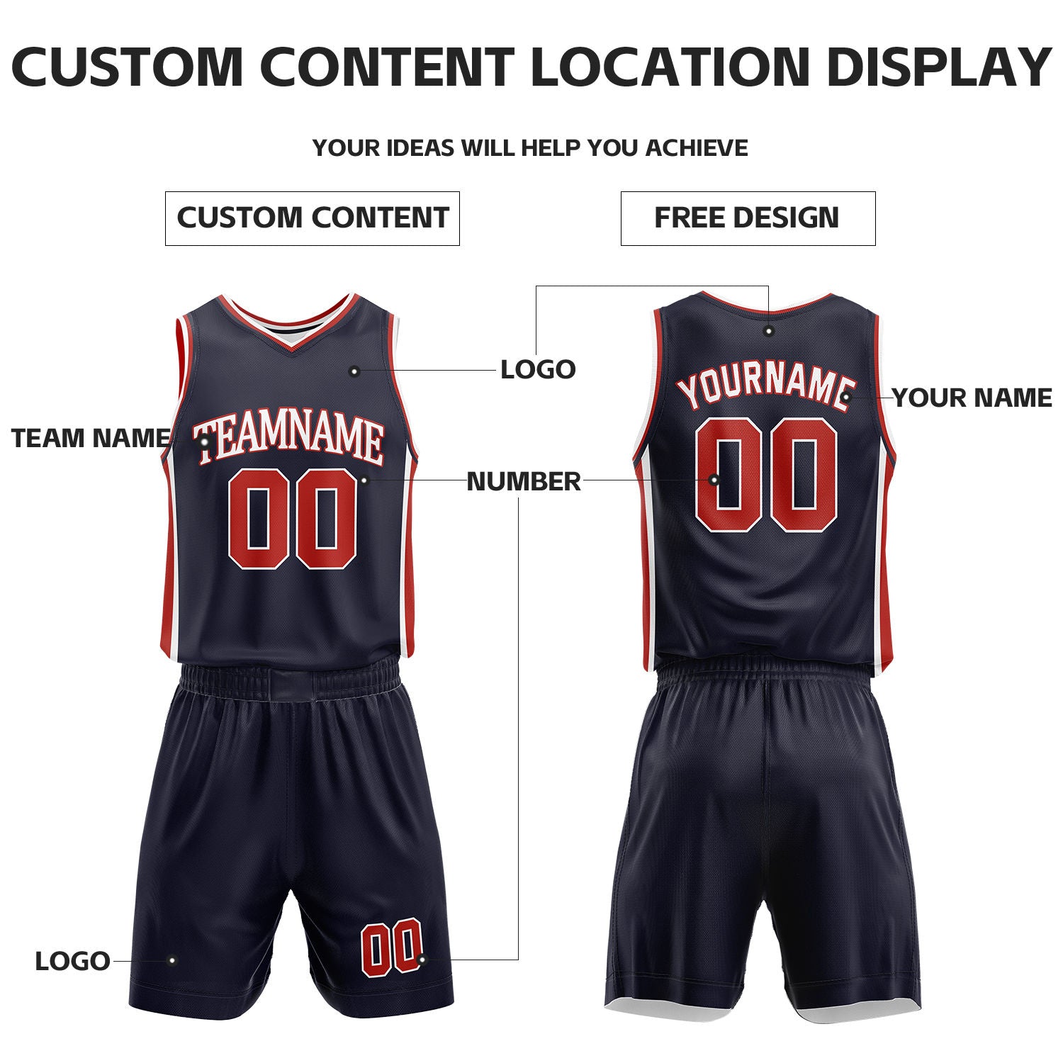 Custom White & Navy Reversible Basketball Uniform Set | Personalized Name Number Sports Jersey Shorts Kit