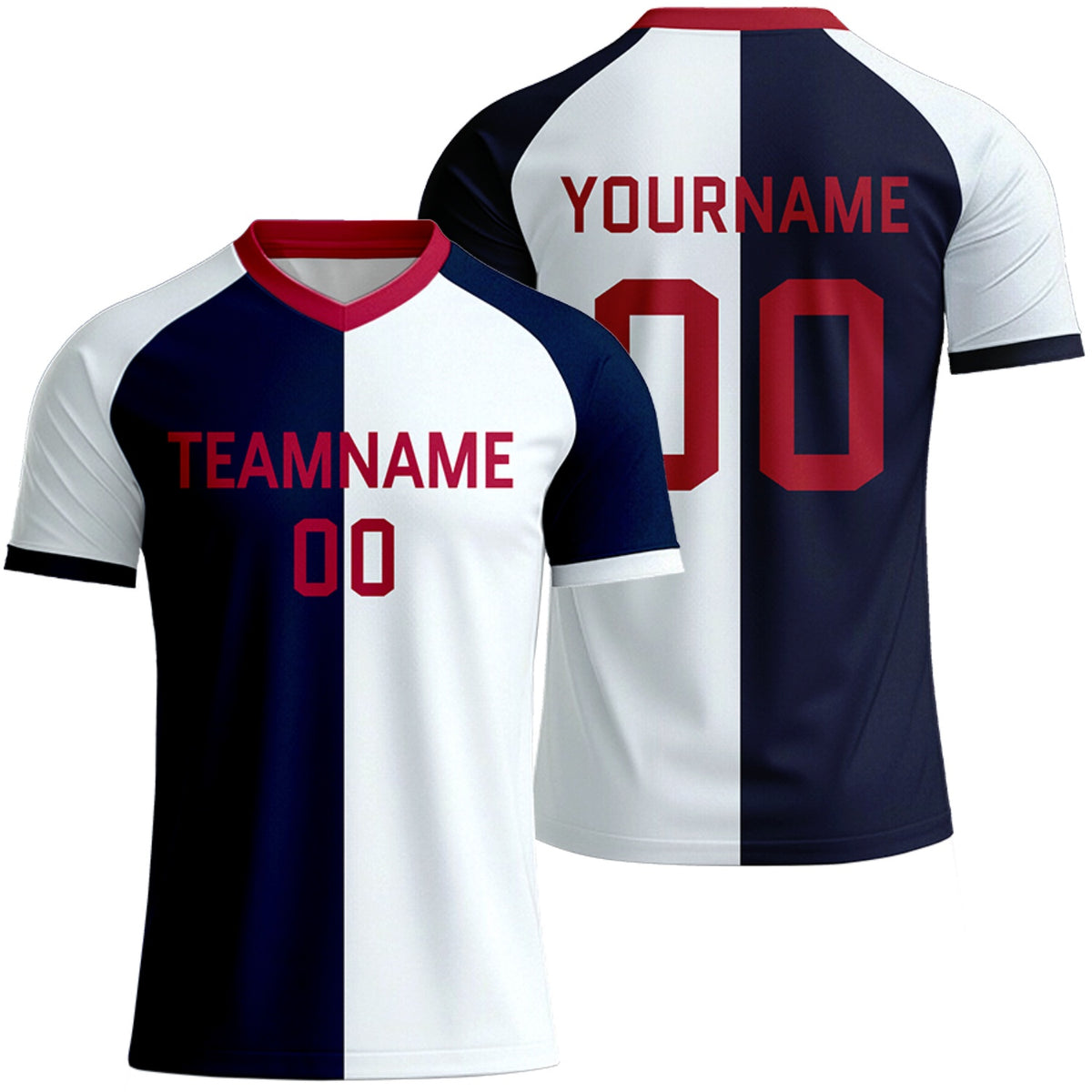 custom white navy split soccer jersey for school teams by Vosoli, personalized team name, player name &amp; number, breathable short sleeve V-neck soccer uniform for school team matches