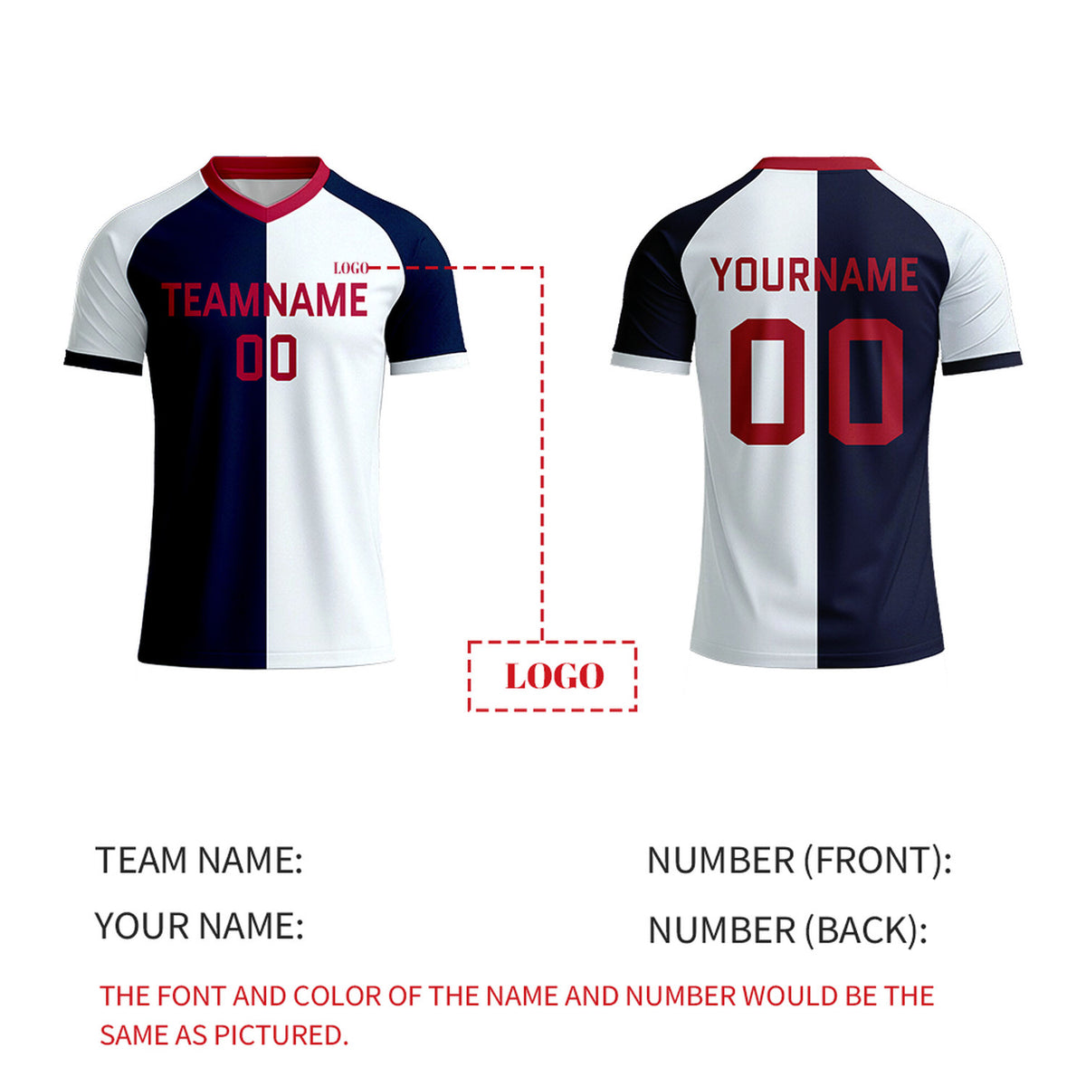 Custom White & Navy Split Soccer Jersey | Personalized Short Sleeve V-Neck Uniform for Youth & Adult