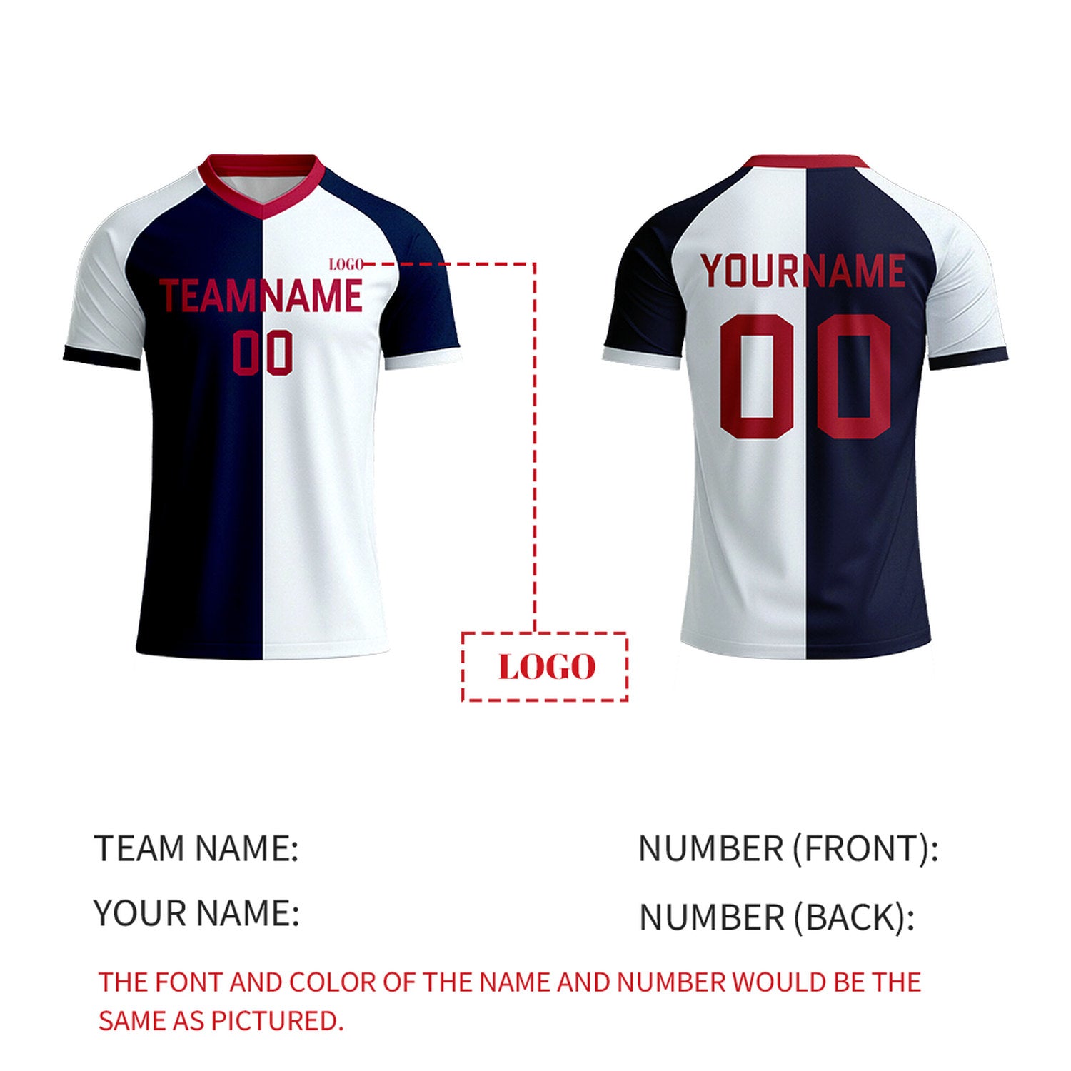 Custom White & Navy Split Soccer Jersey | Personalized Short Sleeve V-Neck Uniform for Youth & Adult