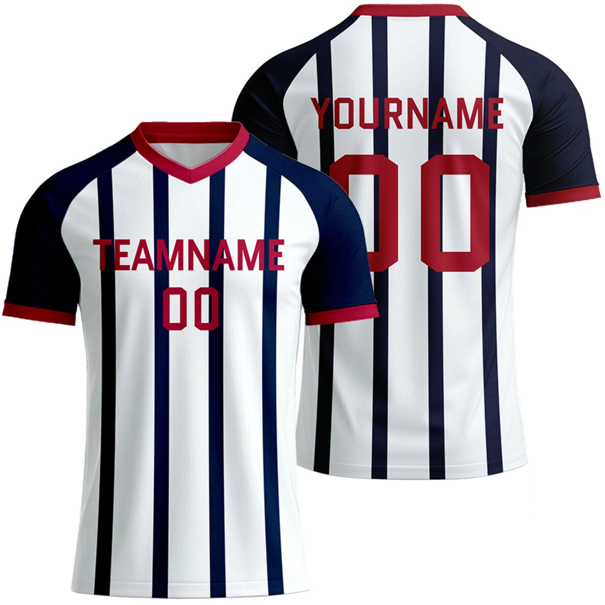 custom white navy striped soccer jersey for club teams by Vosoli, personalized team name, player name &amp; number, breathable short sleeve V-neck soccer uniform for club team matches