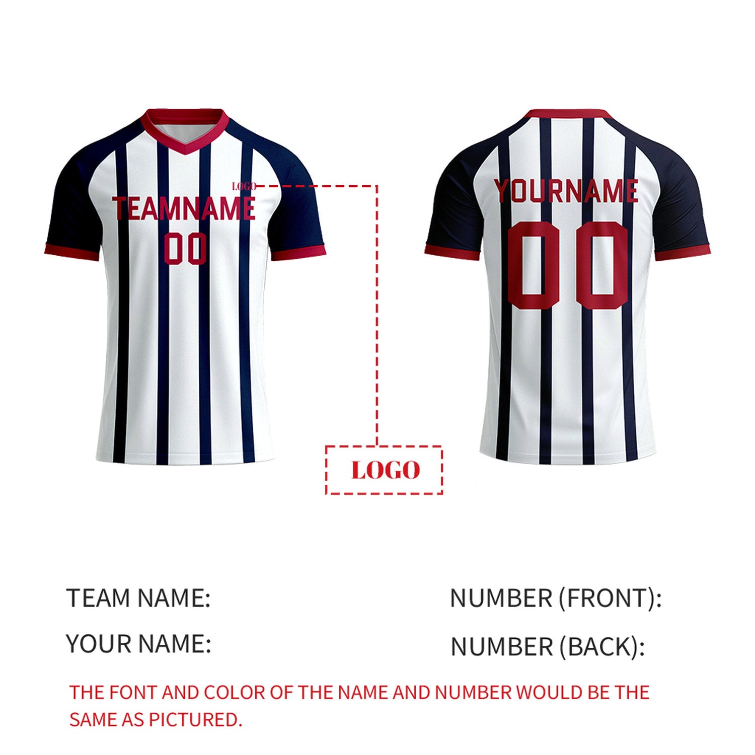 Custom White & Navy Striped Soccer Jersey | Personalized Short Sleeve V-Neck Uniform for Youth & Adult