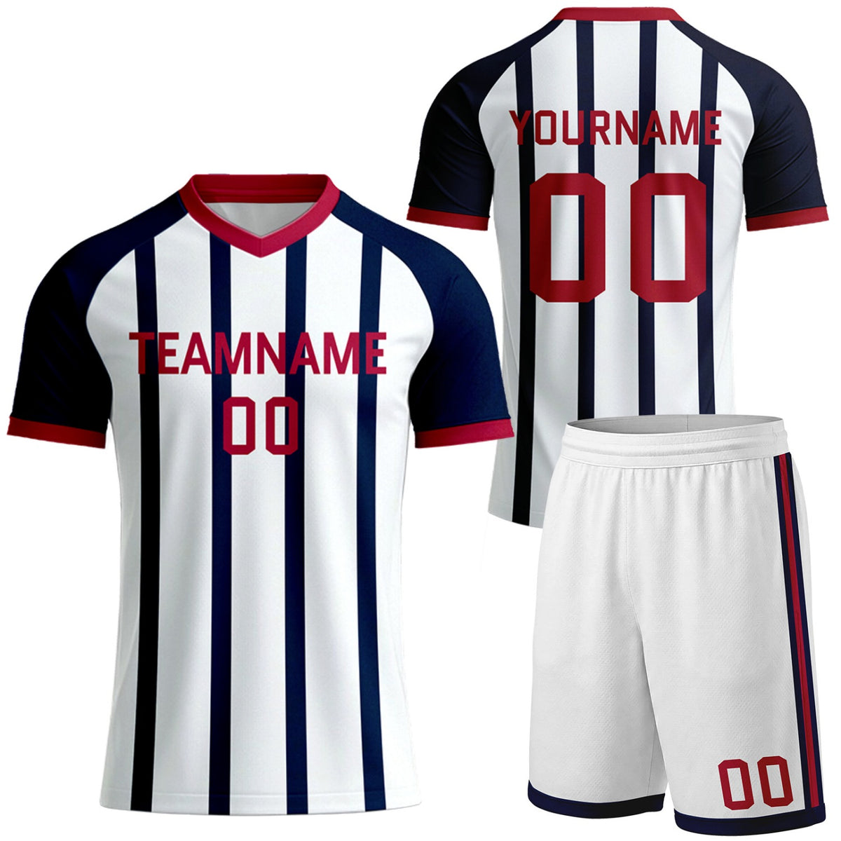 custom white navy vertical stripe soccer kits for clubs by Vosoli, personalized team name, player name &amp; number, breathable short sleeve V-neck soccer jersey with shorts for club soccer matches