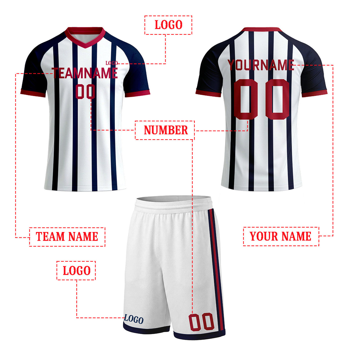 Custom White & Navy Vertical Stripe Soccer Kit Set | Personalized Jersey & Shorts for Youth & Adult