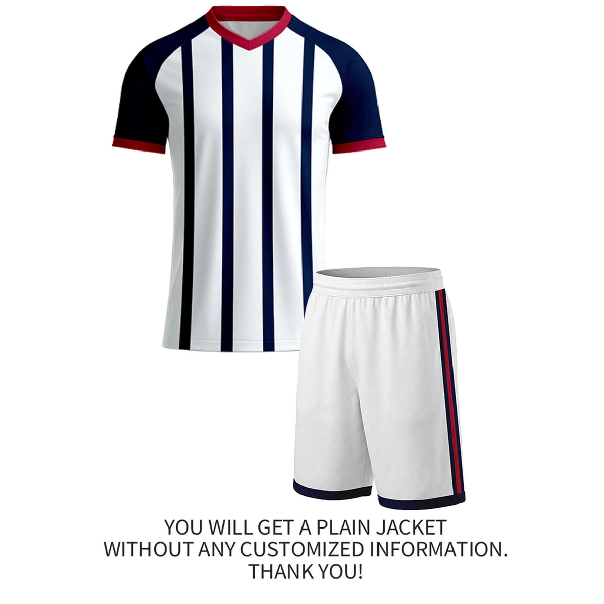 Custom White & Navy Vertical Stripe Soccer Kit Set | Personalized Jersey & Shorts for Youth & Adult