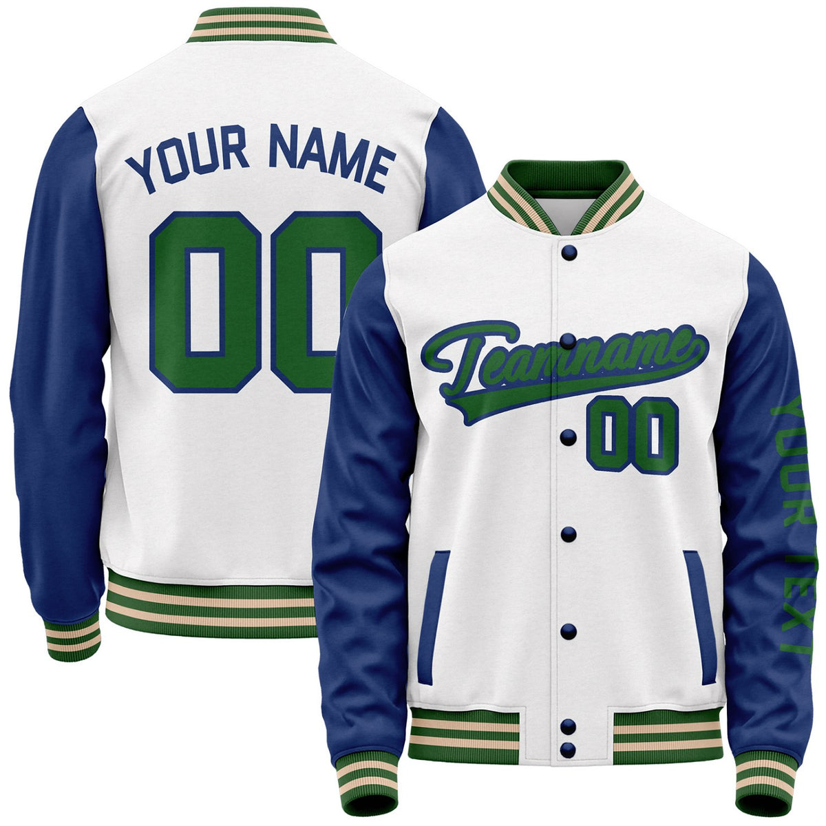 Custom white and navy wholesale baseball team jackets by Vosoli with stitched name, number and logo. Classic varsity jacket for baseball and casual wear.