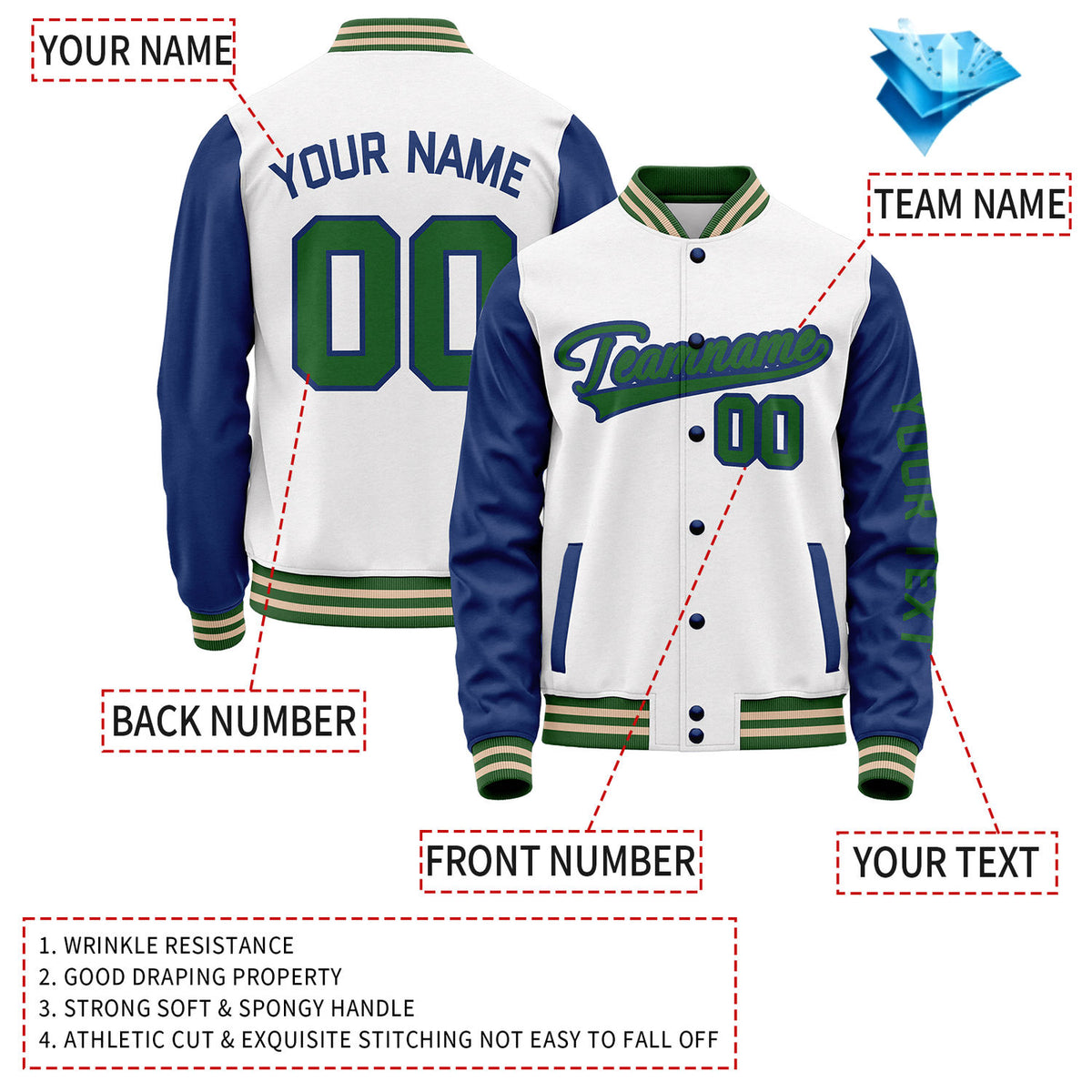 Custom White Navy Jacket Personalized Team Name Number Letterman Bomber for Adult & Youth