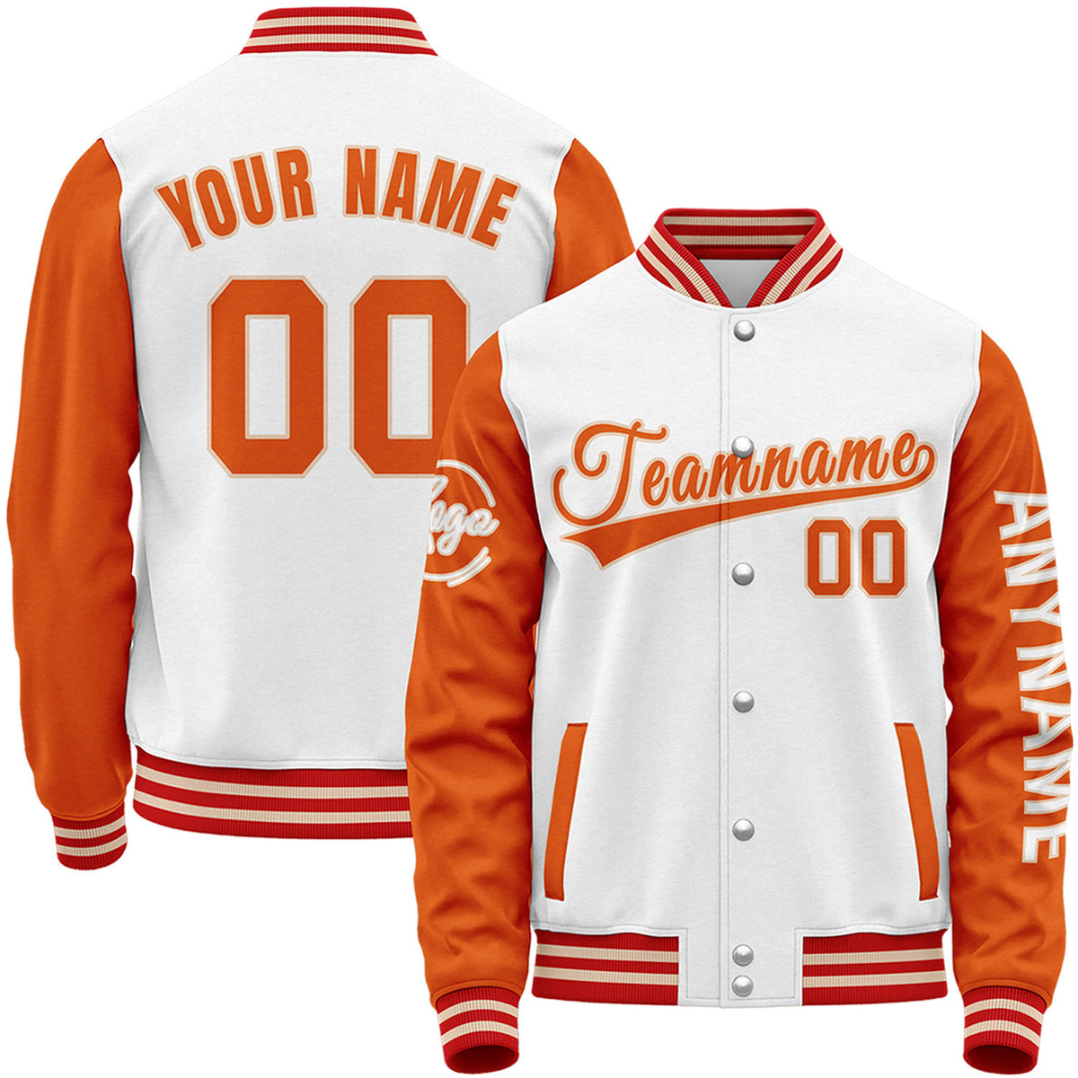 Custom white and orange design your own baseball jackets by Vosoli with stitched name, number and logo. Classic varsity jacket for baseball and casual wear.