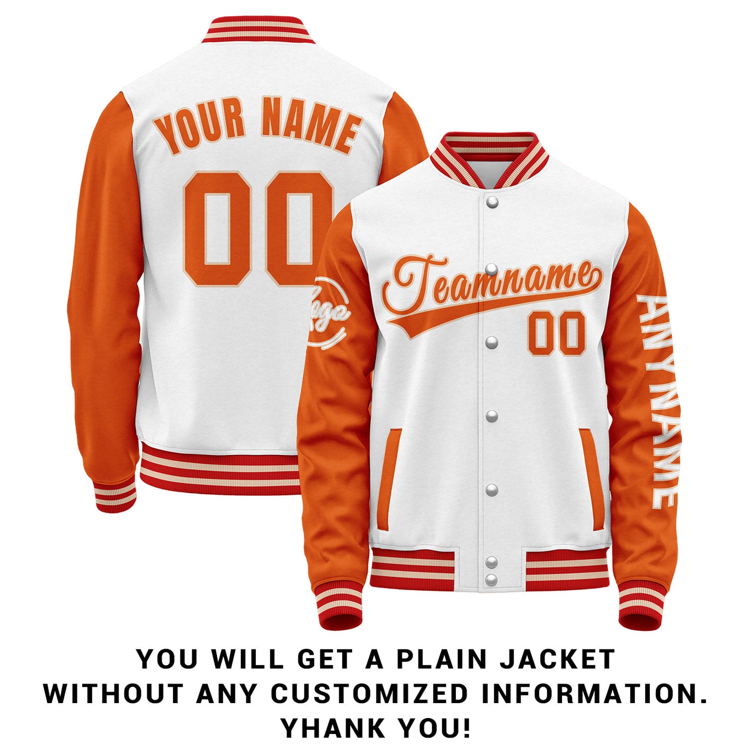 Custom White & Orange Two Tone Varsity Letterman Jacket | Personalized Stitched Team Name Number Outerwear