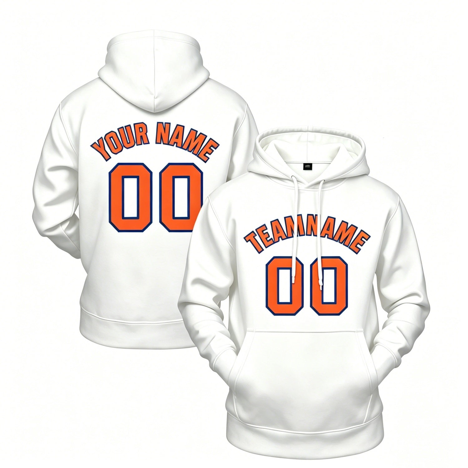 Custom white hoodie with orange print, personalized name & number pullover, casual sports hoodie for men women youth fan wear - Vosoli