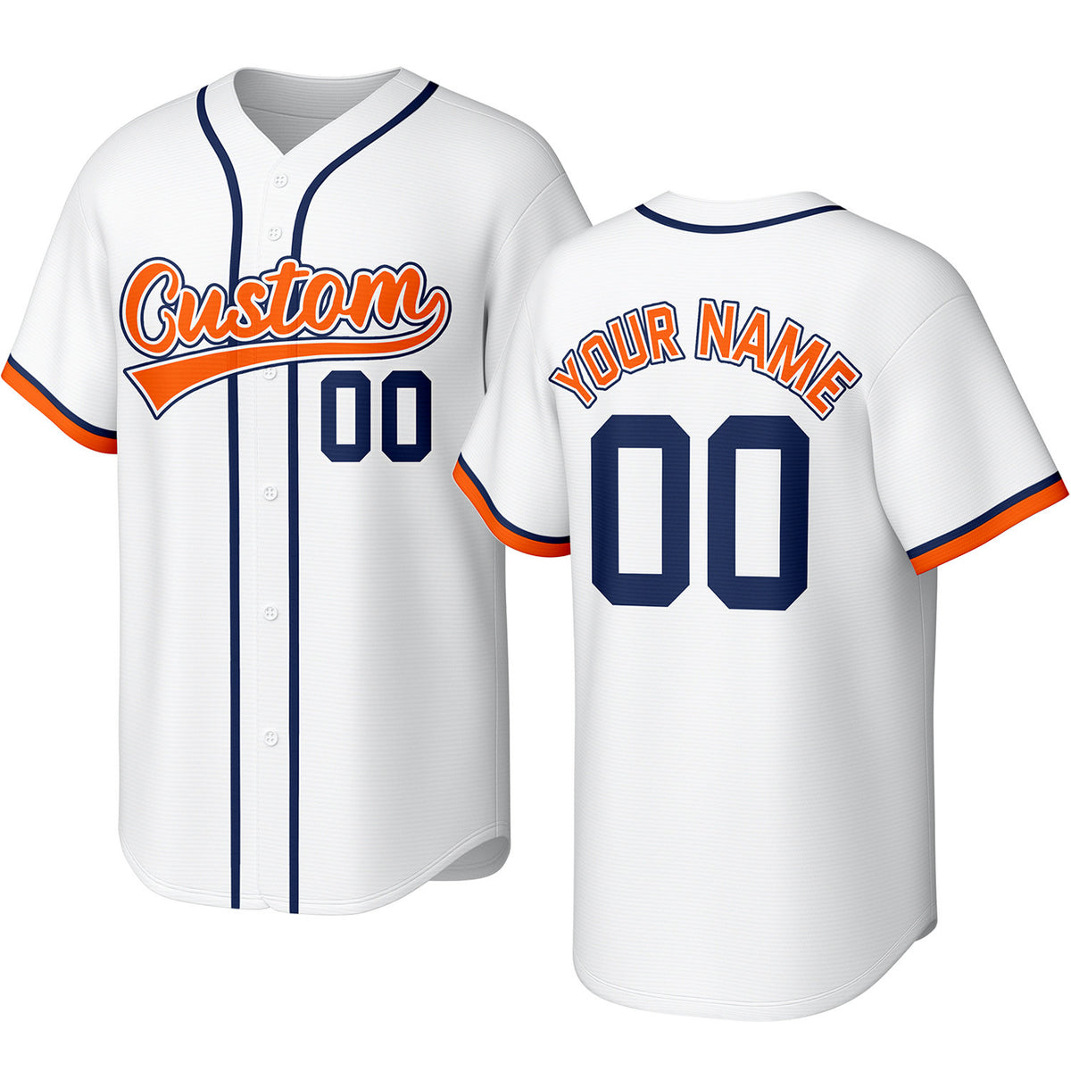 Custom white, orange &amp; navy baseball jersey with stitched logo, personalized name &amp; number, button-front short-sleeve sports uniform for team men women youth game practice - Vosoli