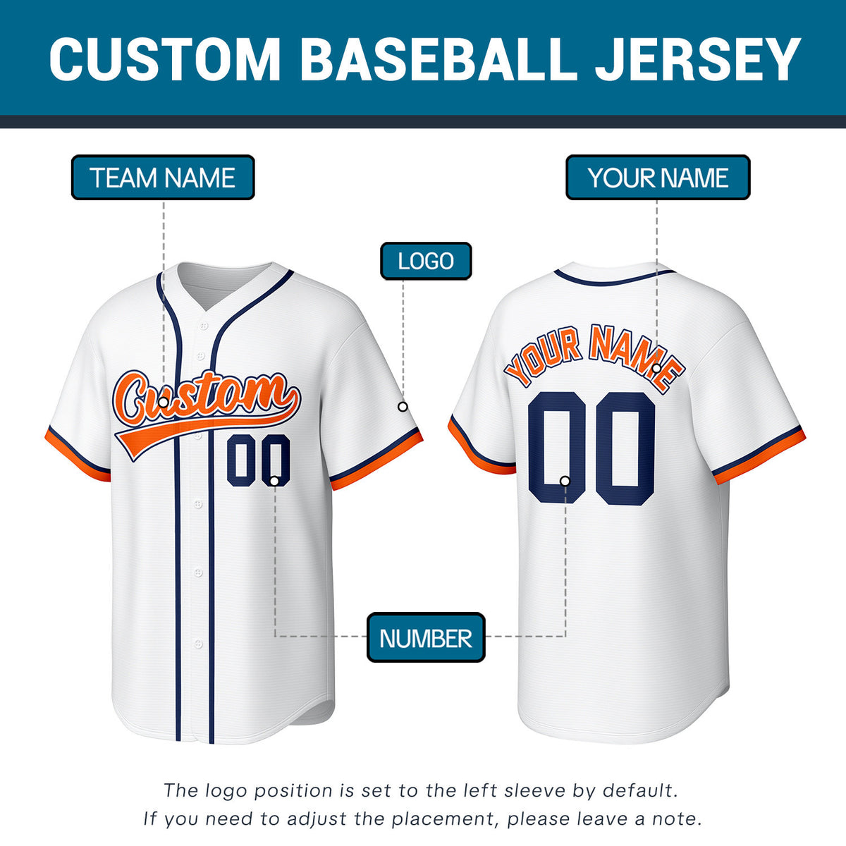 Custom Stitched Baseball Jersey White Orange Navy | Personalized Name & Number | Team Uniform
