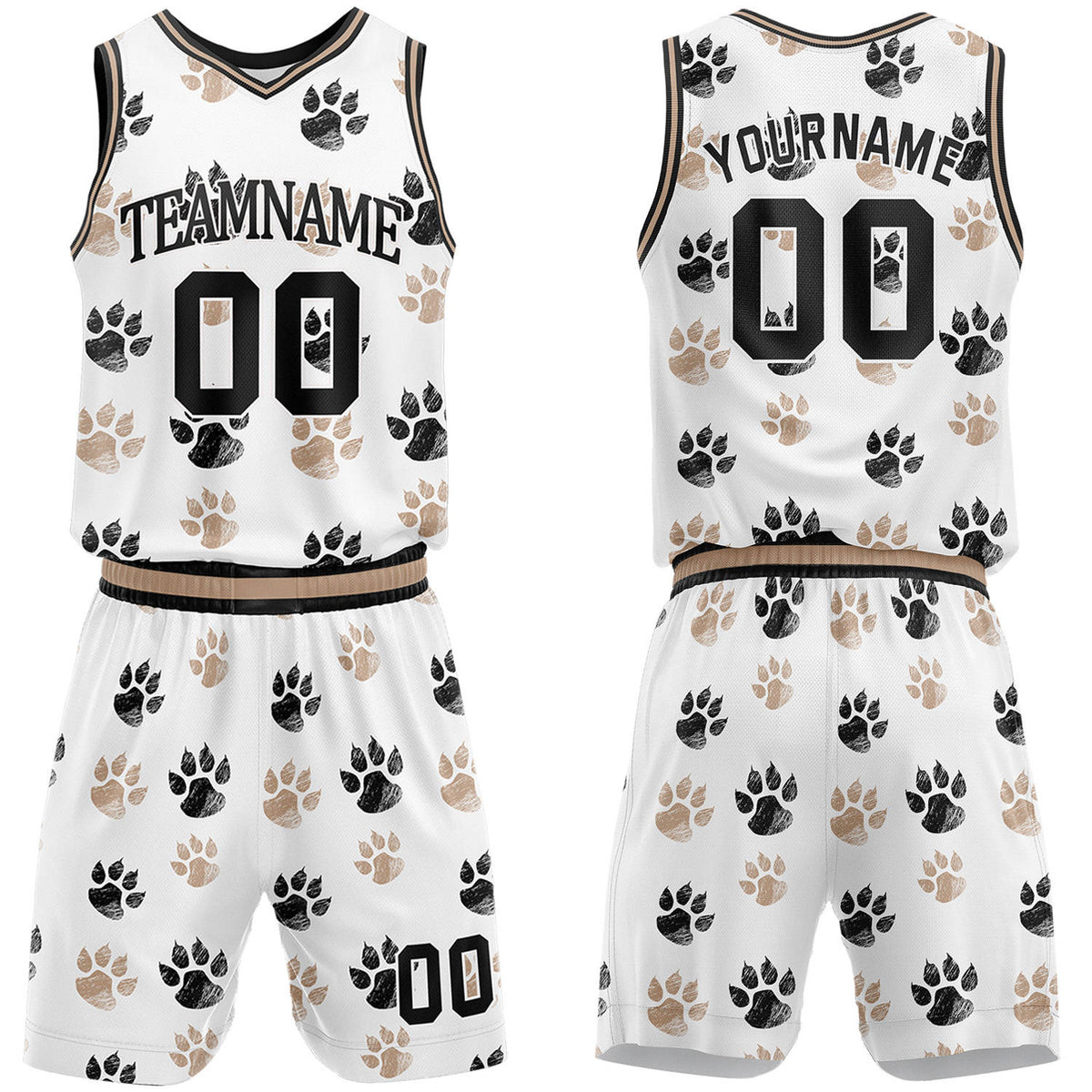 Custom white paw print basketball jersey &amp; shorts set by Vosoli | Personalized team name &amp; number sportswear