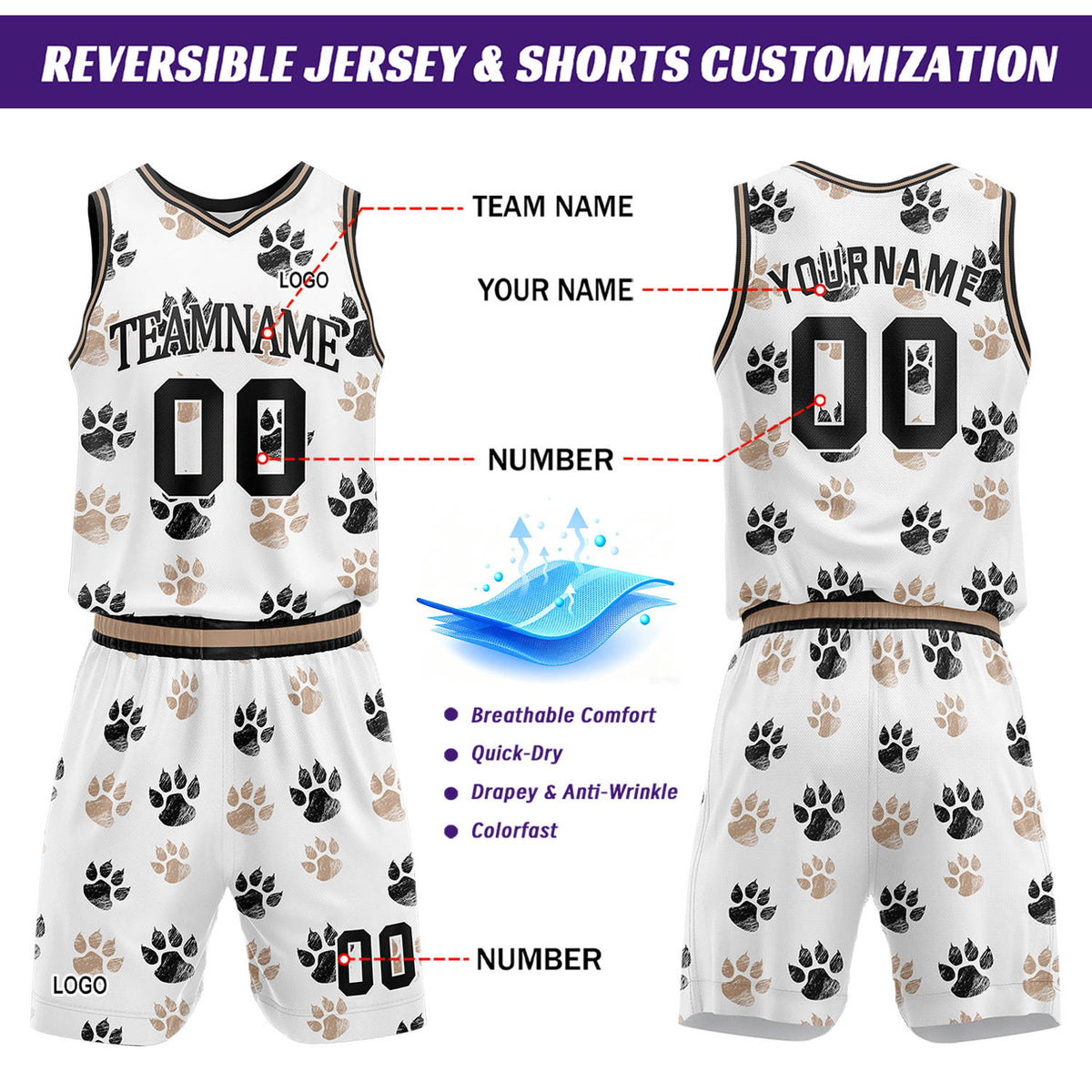 Custom White Paw Print Basketball Jersey & Shorts Set | Personalized Team Uniform