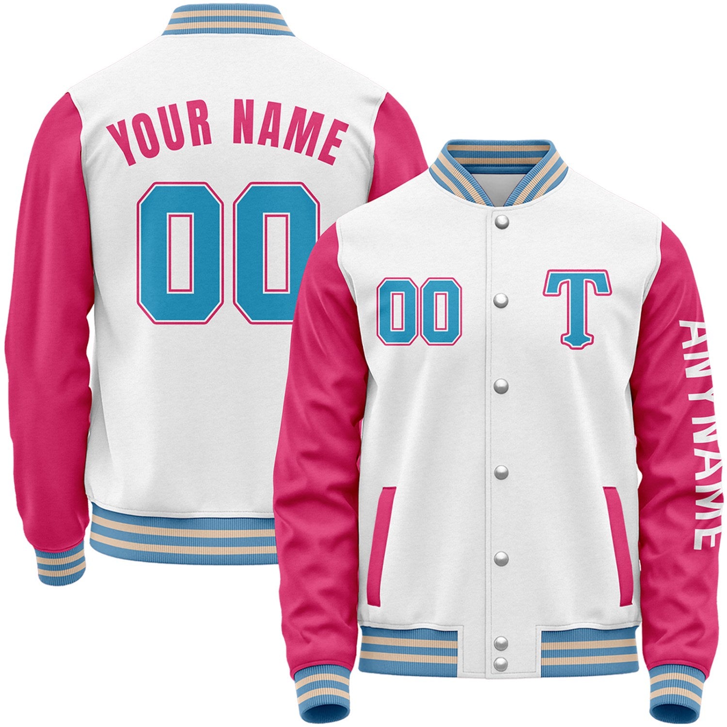 Custom white and hot pink baseball varsity jacket by Vosoli with stitched name, number and logo. Classic varsity jacket for baseball and casual wear.