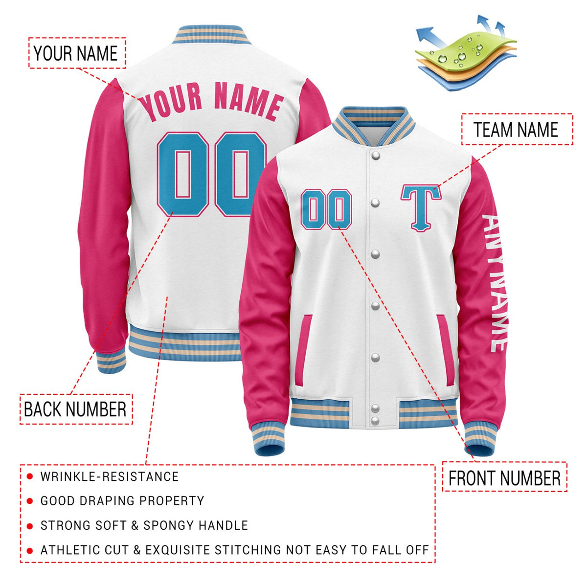 Custom White & Pink Varsity Letterman Jacket | Personalized Baseball Bomber Coat for Adult & Youth