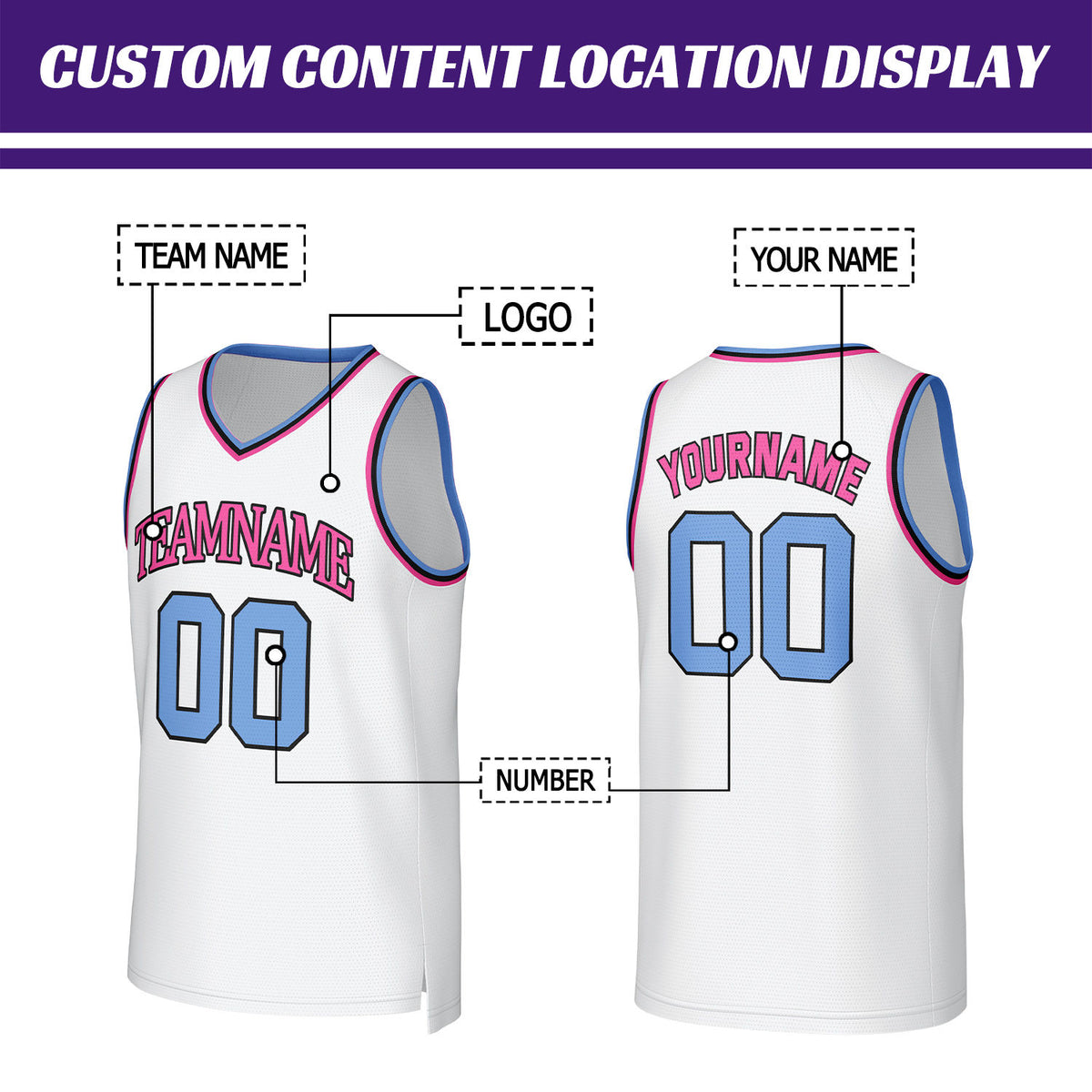 Custom White & Pink-Blue Basketball Jersey | Personalized Name & Number Team Uniform