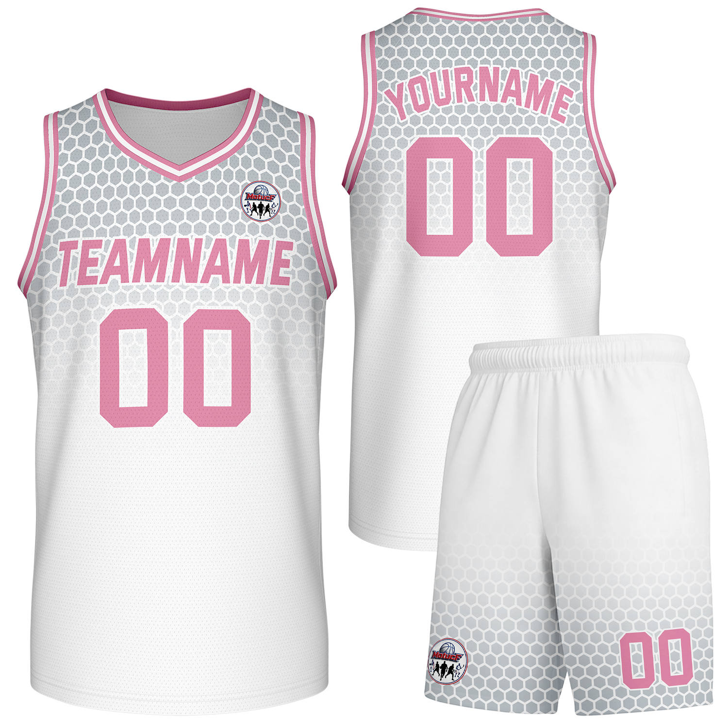 Custom white & pink honeycomb-pattern basketball uniform set, personalized team name number logo breathable mesh jersey and shorts men women youth game practice - Vosoli