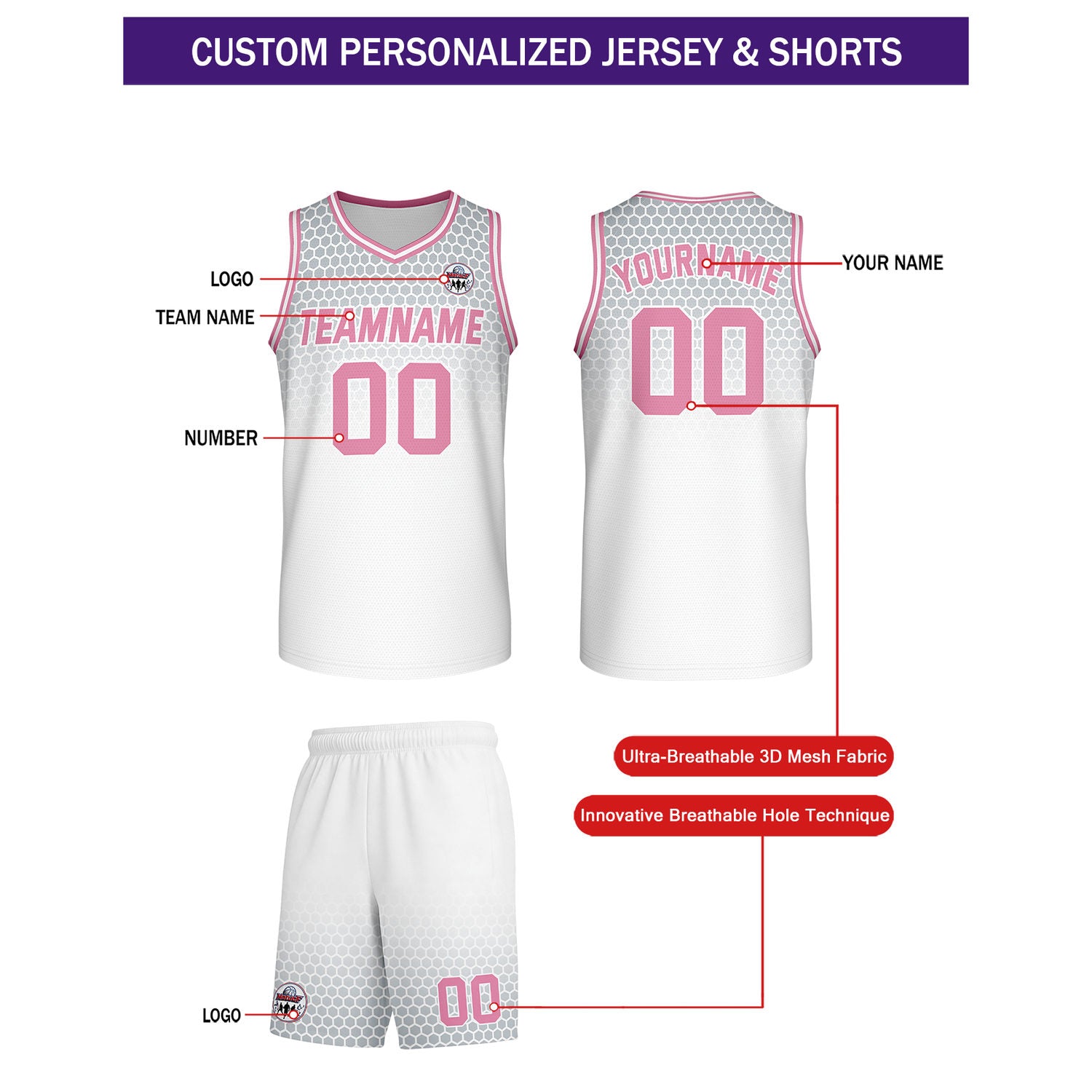 Custom white & pink honeycomb-pattern basketball uniform set, personalized team name number logo breathable mesh jersey and shorts men women youth game practice - Vosoli