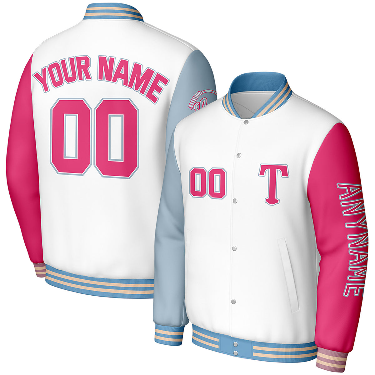 custom white pink travel baseball outerwear by Vosoli, personalized stitched name, number &amp; logo, classic button up varsity letterman jacket for baseball travel team and casual wear