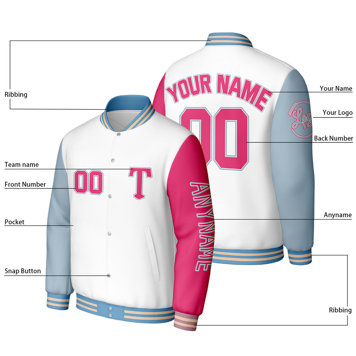 Custom White & Pink Varsity Baseball Jacket | Personalized Letterman Baseball Bomber for Adult & Youth