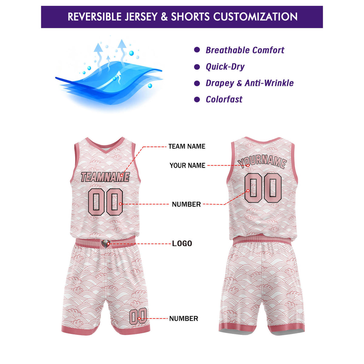 Custom White Pink Wave Pattern Basketball Uniform | Personalized Team Kit - Vosoli