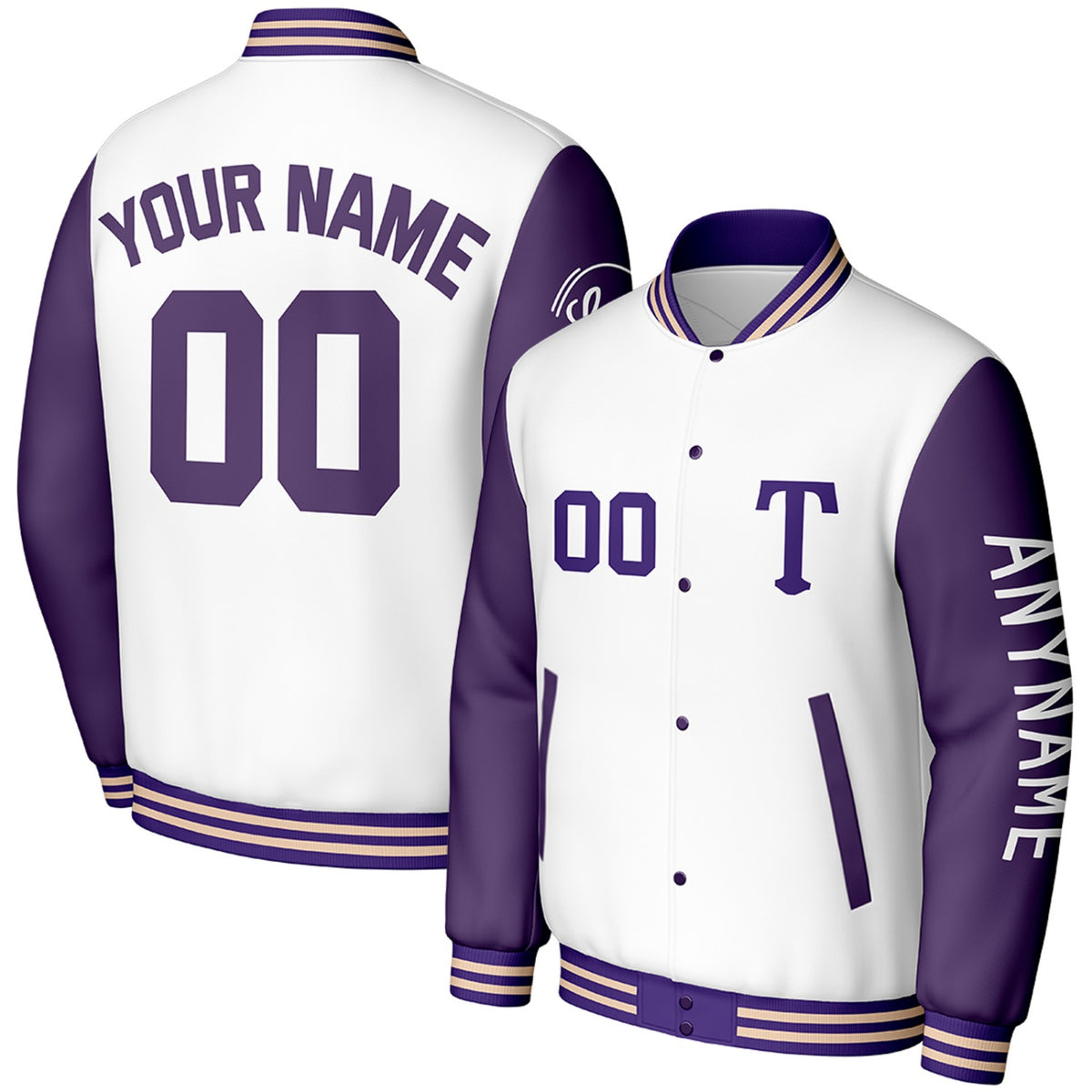 custom white purple baseball jackets for travel teams by Vosoli, personalized stitched name, number &amp; logo, classic button up varsity letterman jacket for baseball travel team and casual wear