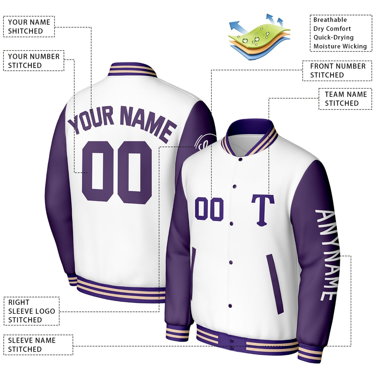 Custom White & Purple Varsity Baseball Jacket | Personalized Letterman Baseball Bomber for Adult & Youth