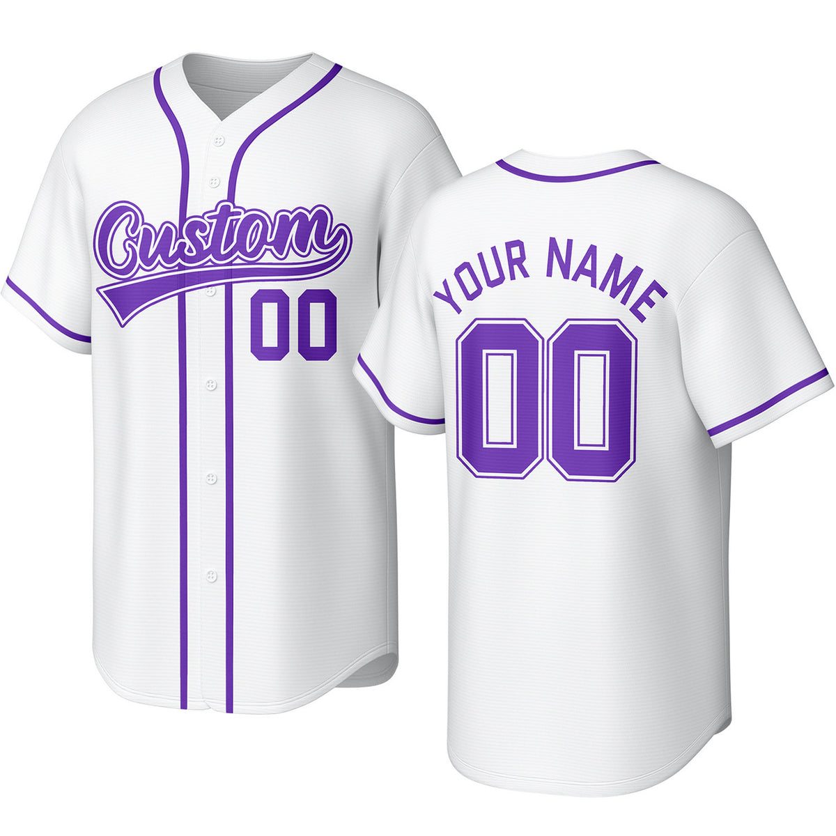 Custom white &amp; purple baseball jersey with stitched logo, personalized name &amp; number, button-front short-sleeve sports uniform for team men women youth game practice - Vosoli